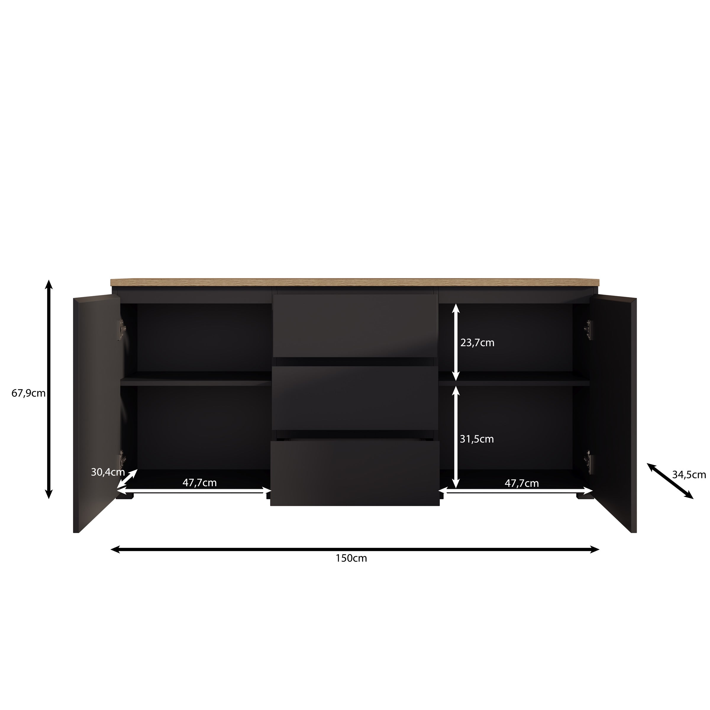 Moss - Dressoir - Zwart/Eikenpatroon - 150x35x68 cm