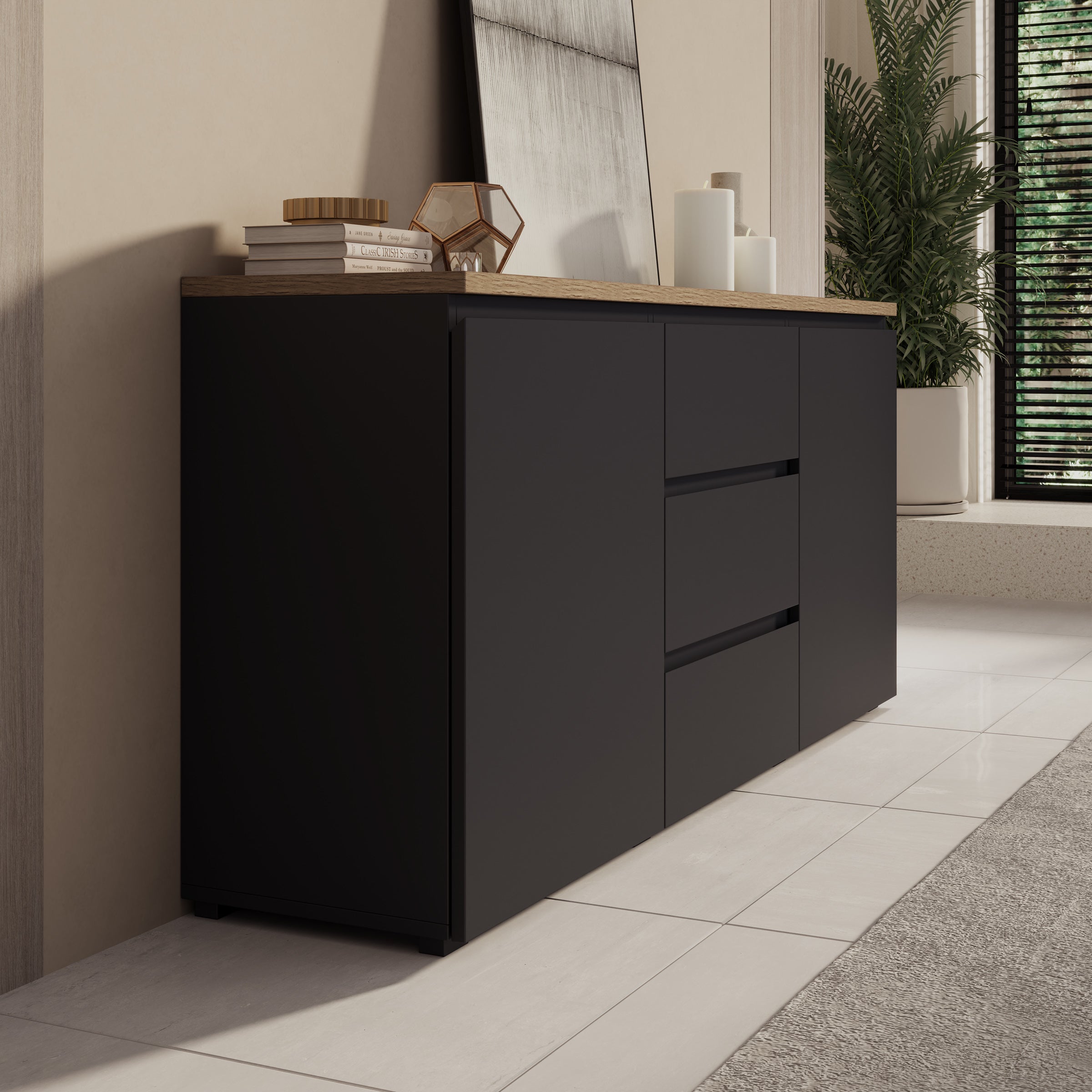 Moss - Dressoir - Zwart/Eikenpatroon - 150x35x68 cm