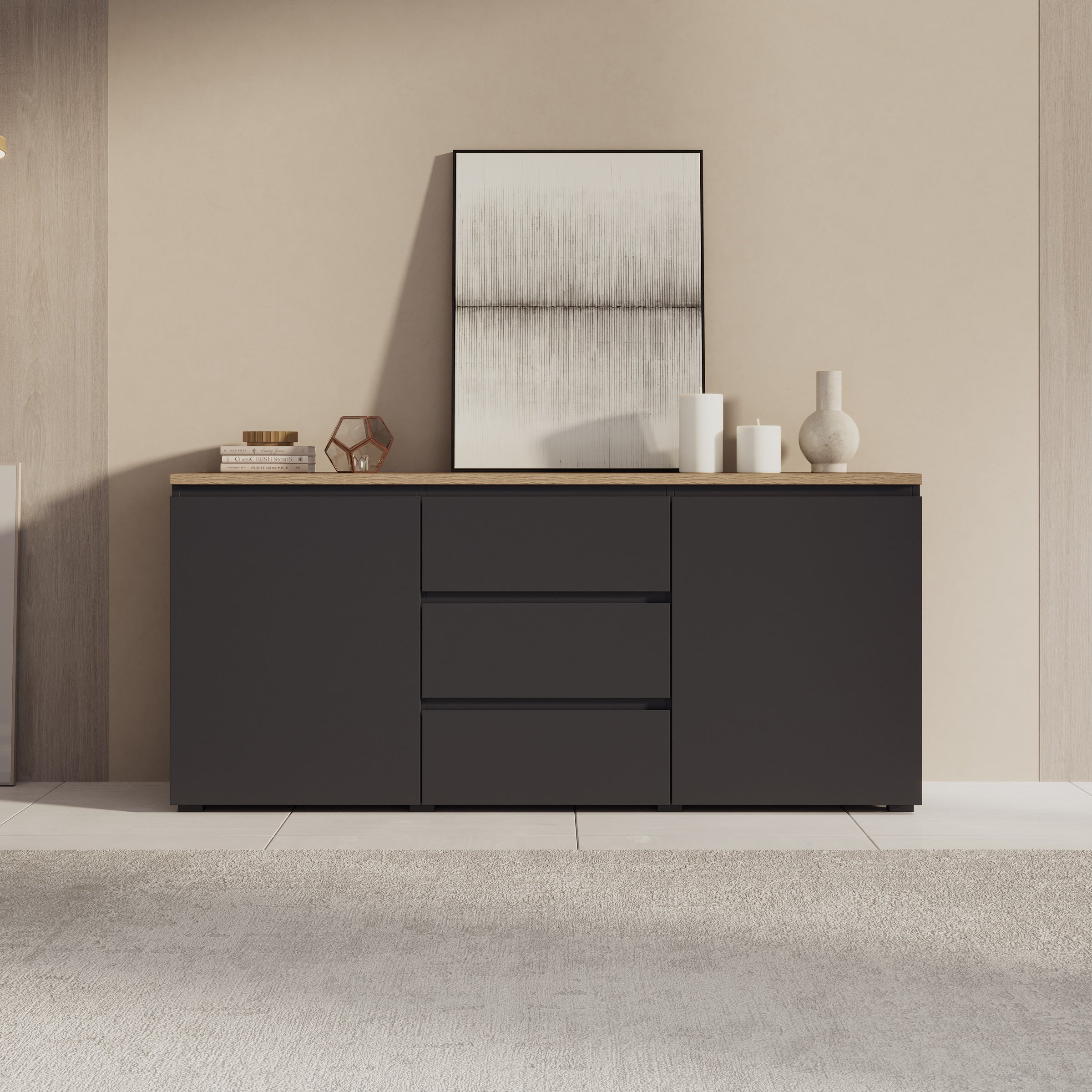 Moss - Dressoir - Zwart/Eikenpatroon - 150x35x68 cm