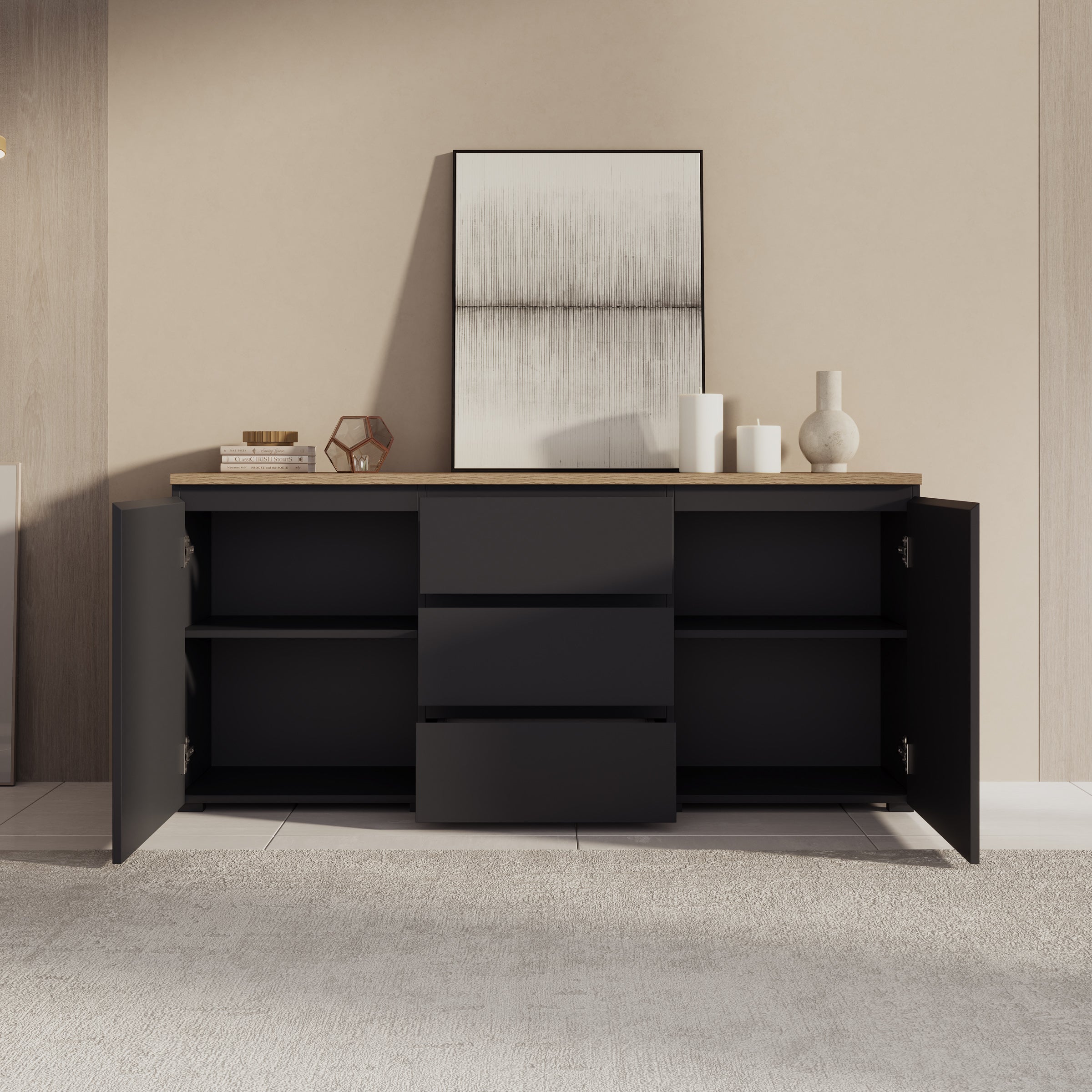 Moss - Dressoir - Zwart/Eikenpatroon - 150x35x68 cm