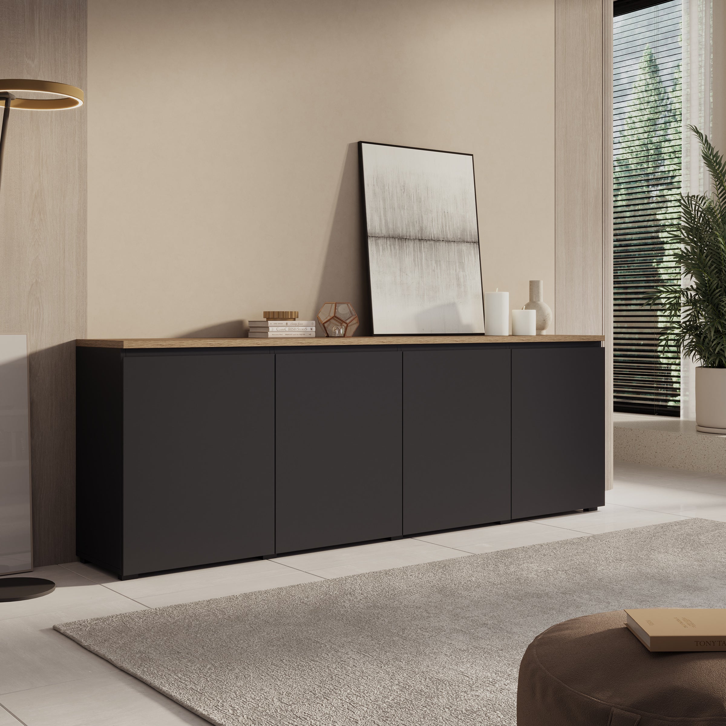 Moss - Dressoir - Zwart/Eikenpatroon - 200x35x68 cm