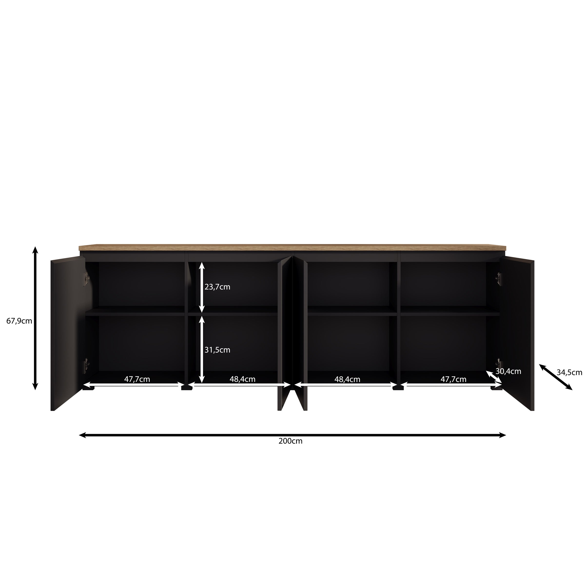 Moss - Dressoir - Zwart/Eikenpatroon - 200x35x68 cm