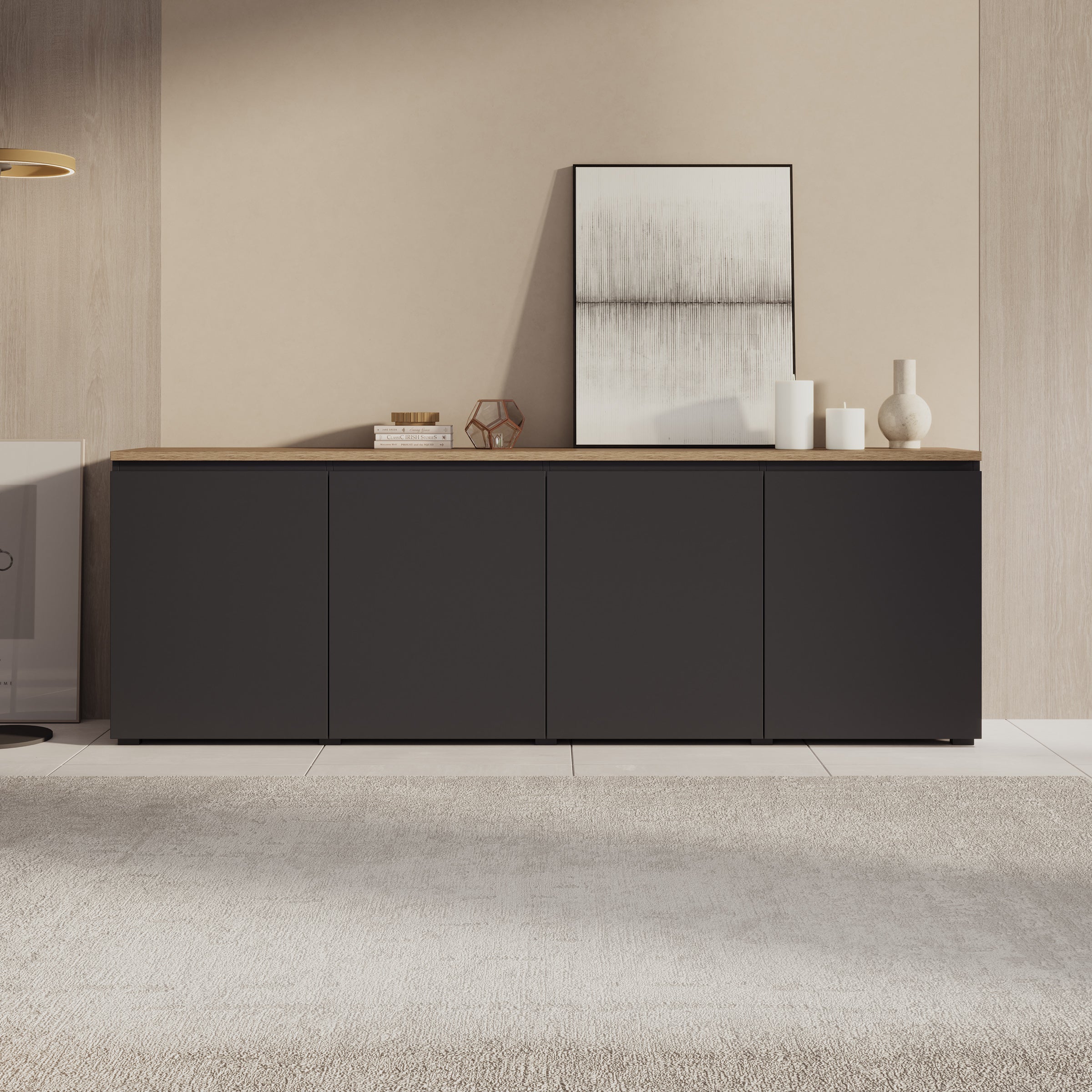 Moss - Dressoir - Zwart/Eikenpatroon - 200x35x68 cm