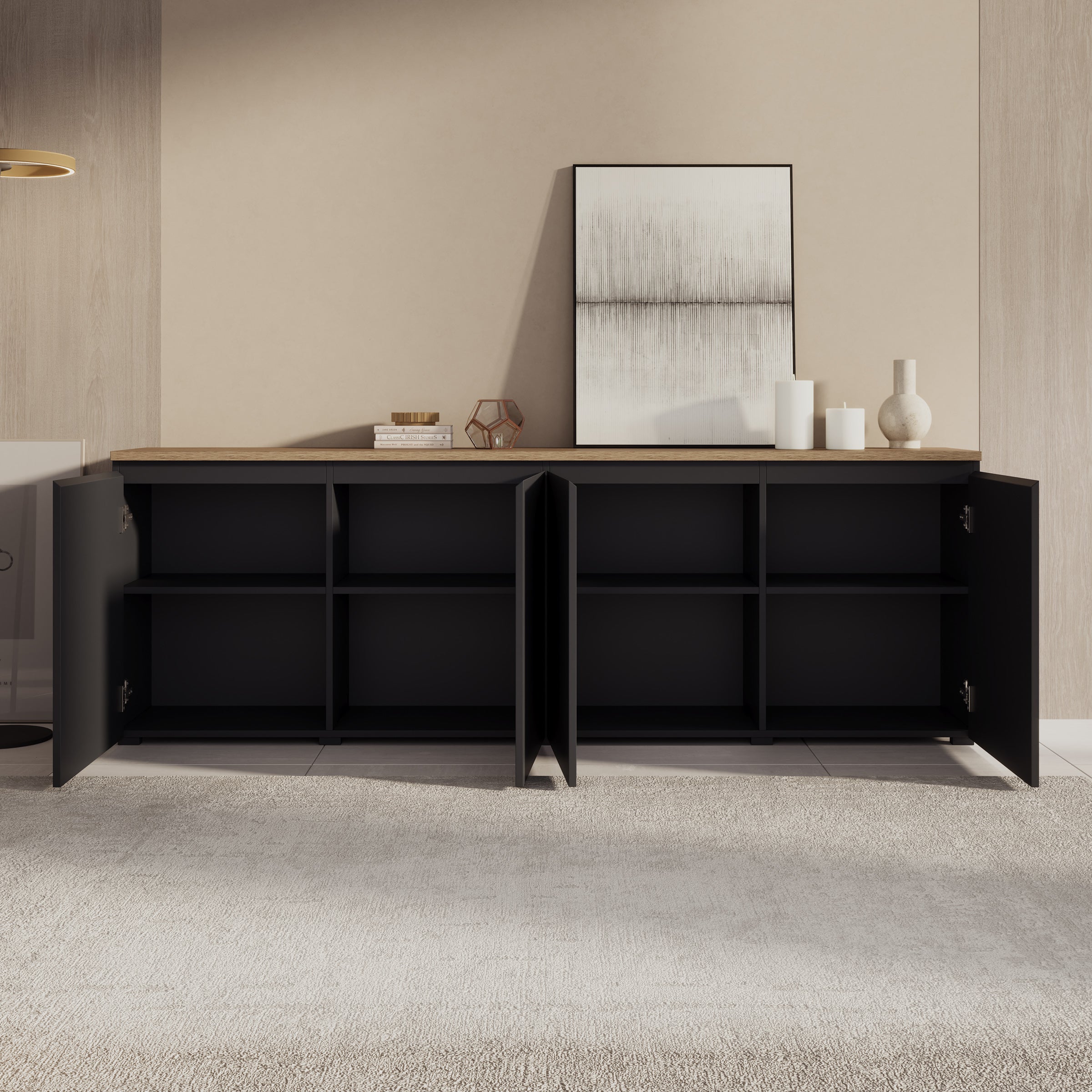 Moss - Dressoir - Zwart/Eikenpatroon - 200x35x68 cm