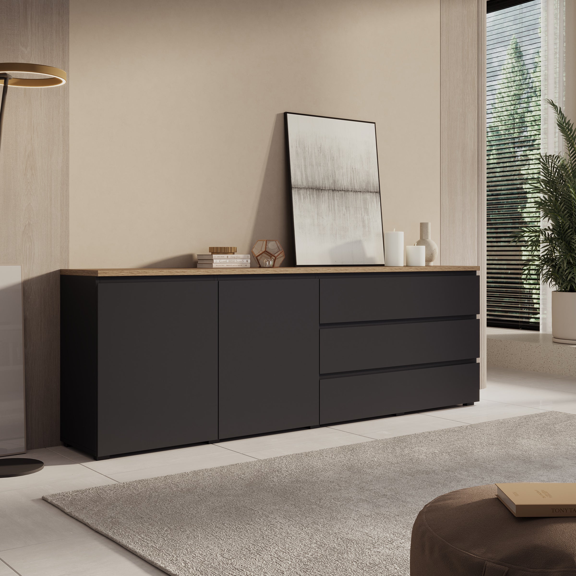 Moss 2 - Dressoir - Zwart/Eikenpatroon - 200x35x68 cm