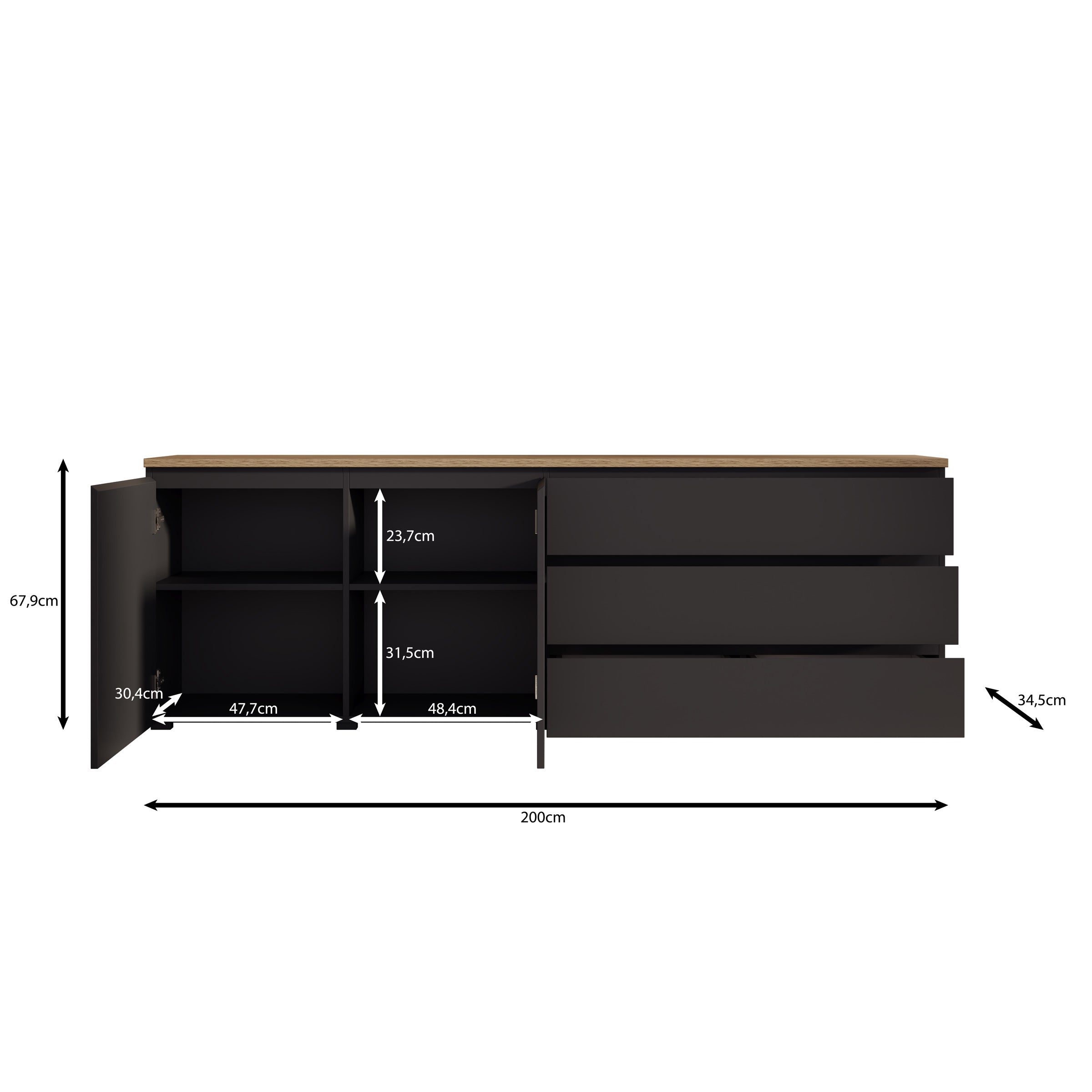 Moss 2 - Dressoir - Zwart/Eikenpatroon - 200x35x68 cm