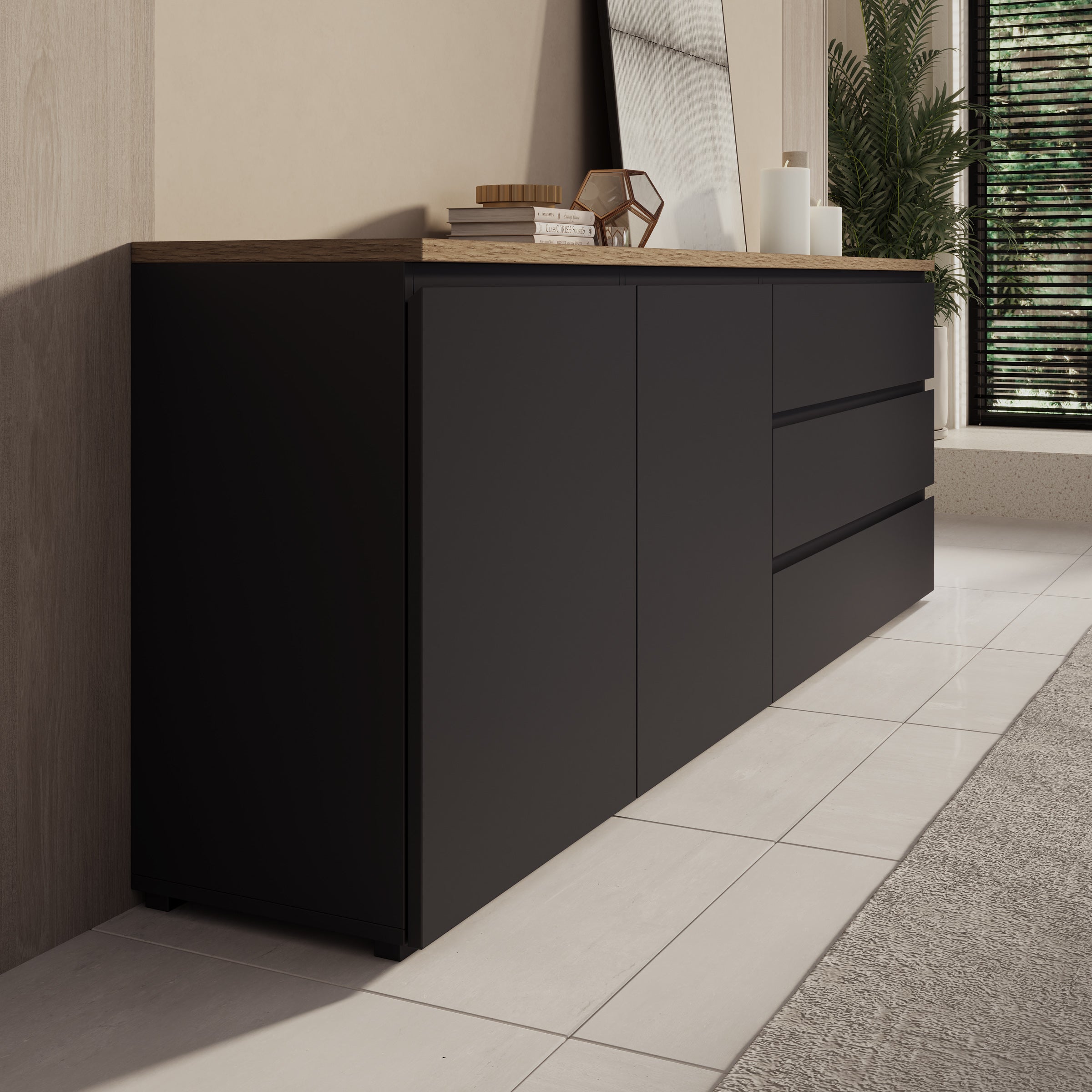 Moss 2 - Dressoir - Zwart/Eikenpatroon - 200x35x68 cm