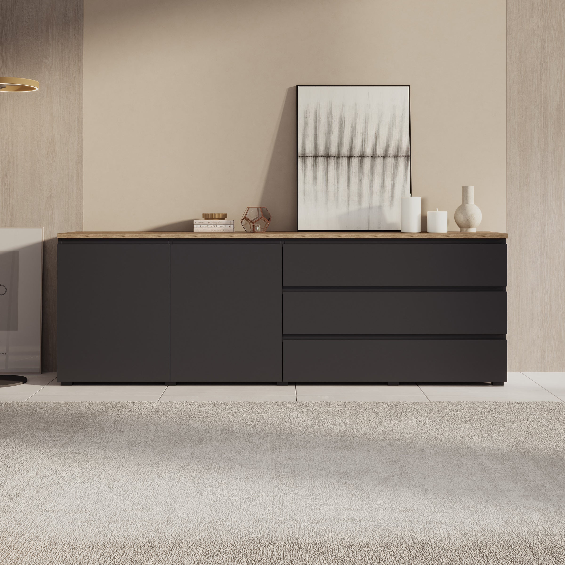 Moss 2 - Dressoir - Zwart/Eikenpatroon - 200x35x68 cm