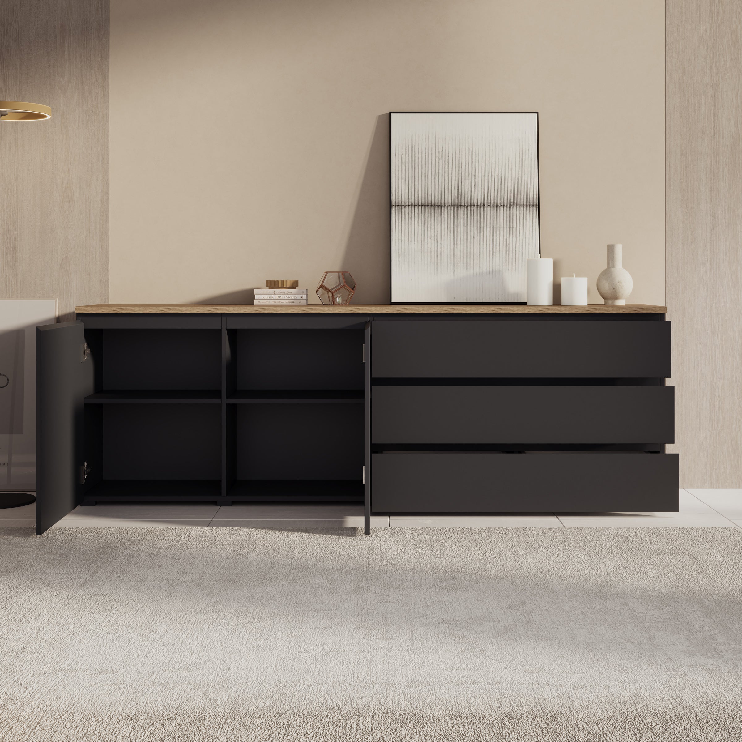 Moss 2 - Dressoir - Zwart/Eikenpatroon - 200x35x68 cm
