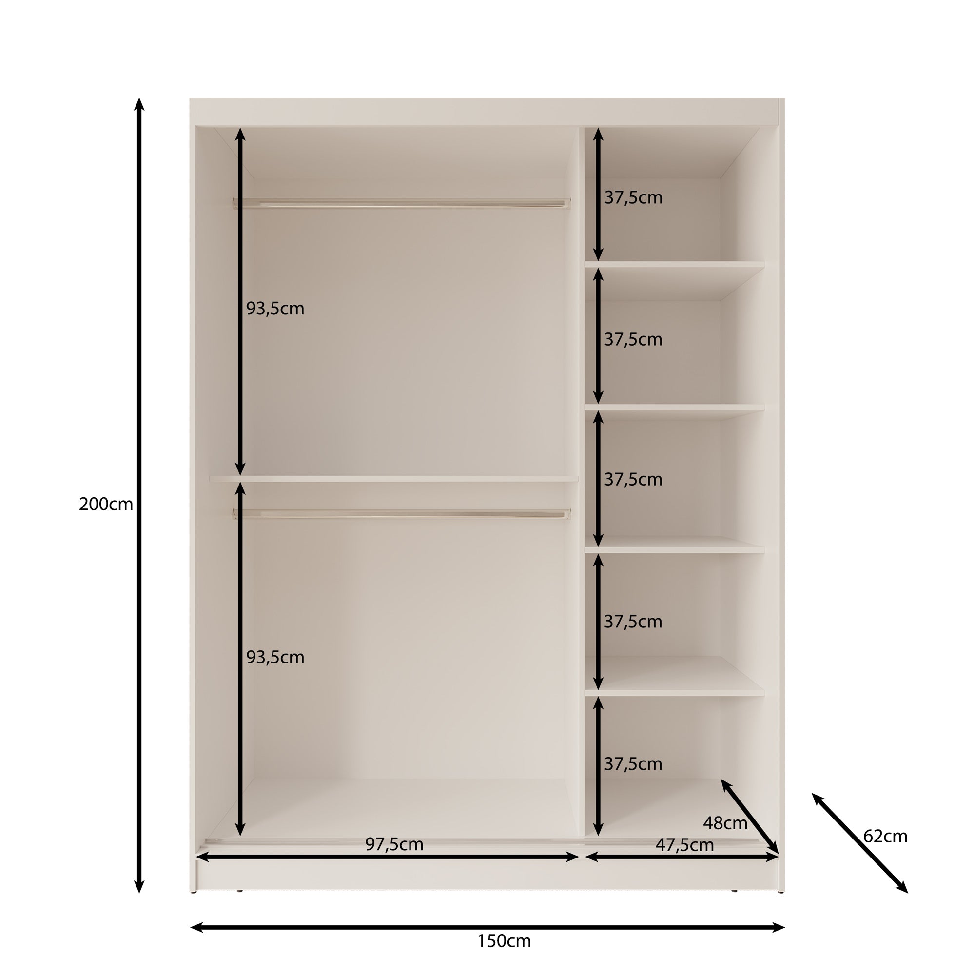 Moyo - Kledingkast met 2 schuifdeuren - Beige - 150x62x200 cm