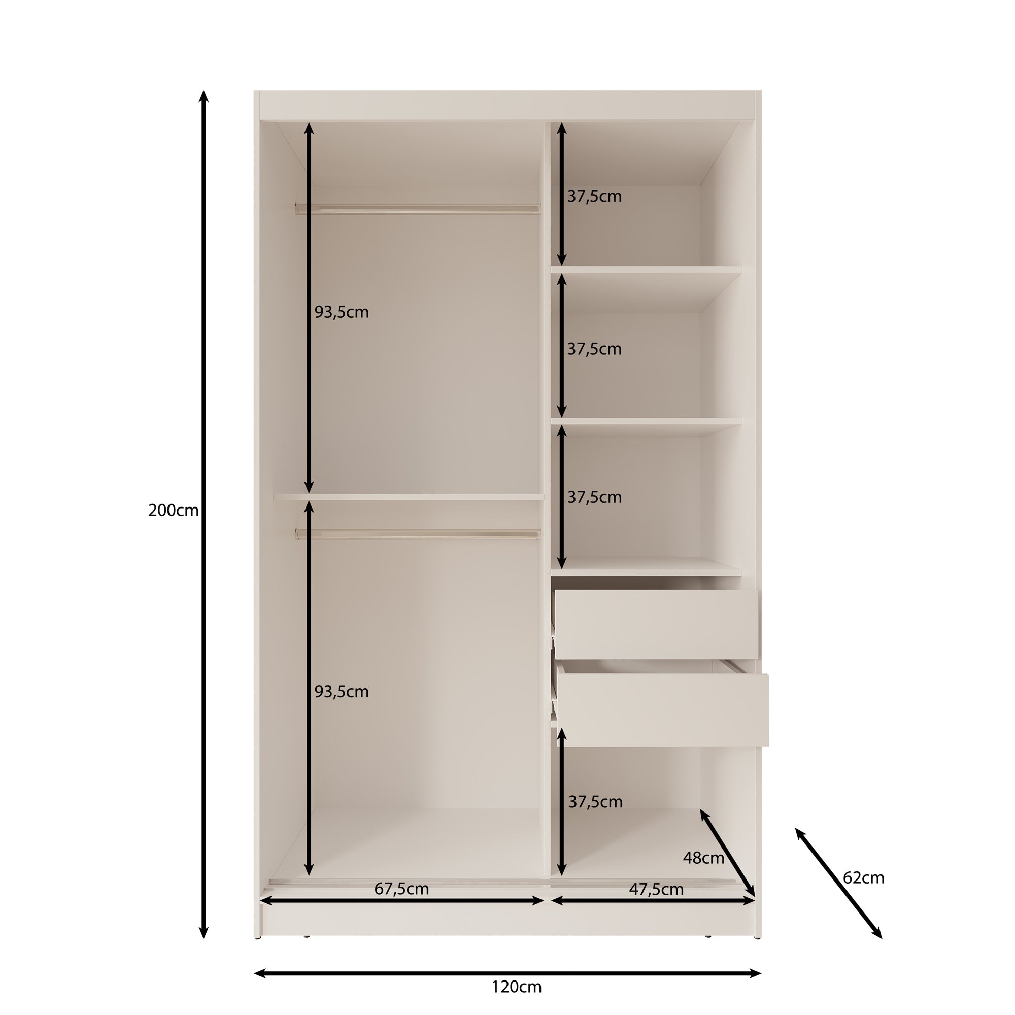 Moyo - Kledingkast met 2 schuifdeuren - Wit - 120x62x200 cm