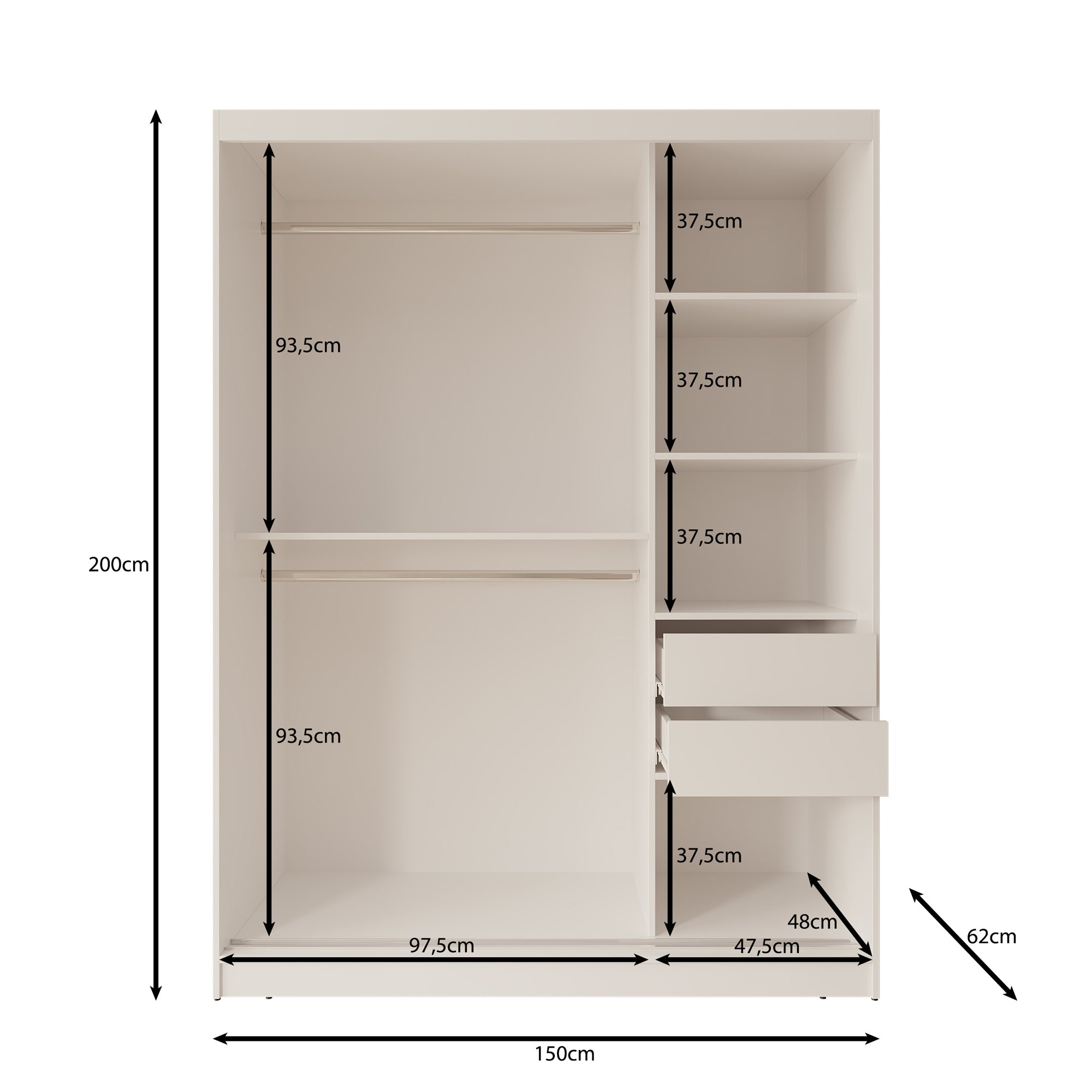 Moyo - Kledingkast met 2 schuifdeuren - Wit - 150x62x200 cm