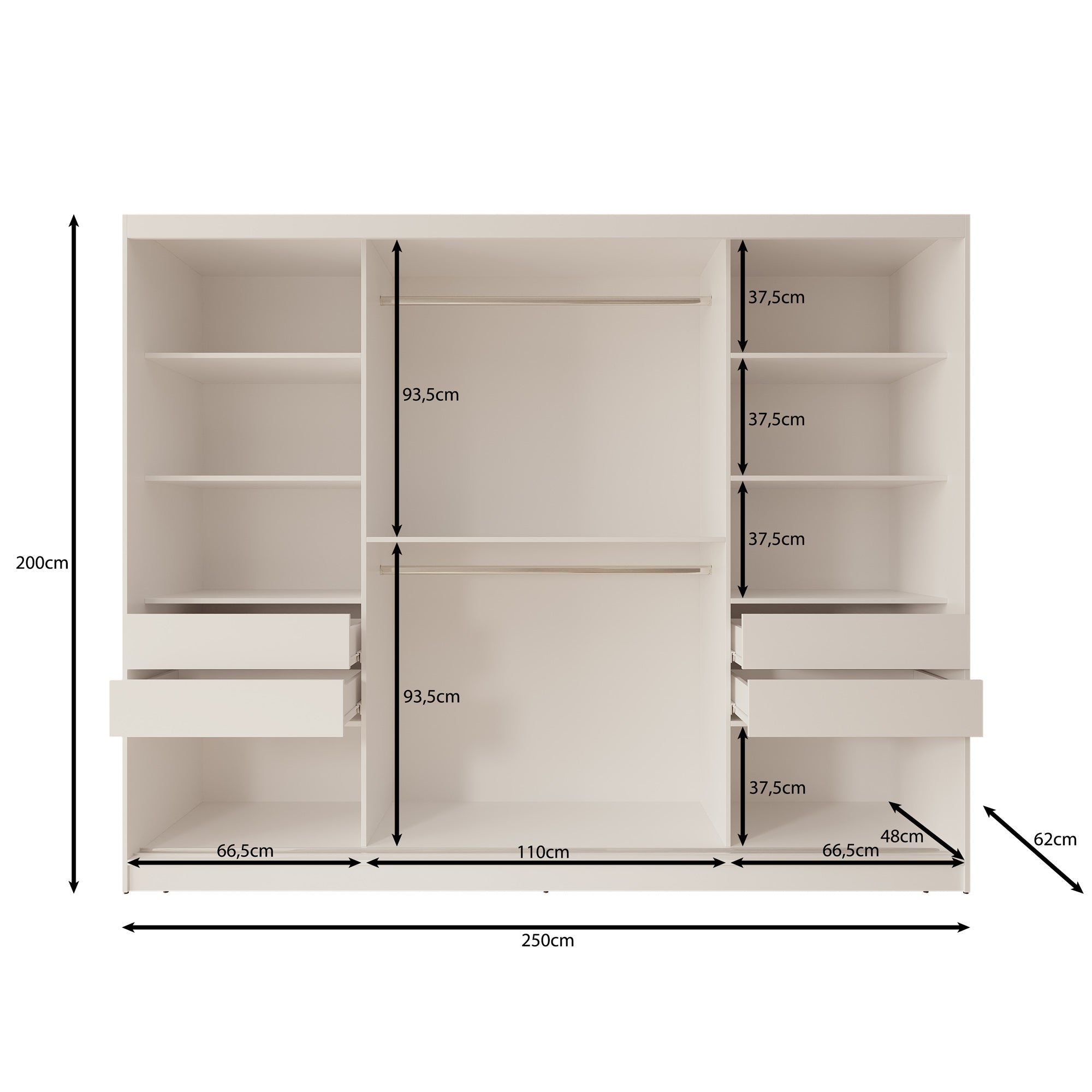 Moyo - Kledingkast met 3 schuifdeuren - Wit - 250x62x200 cm
