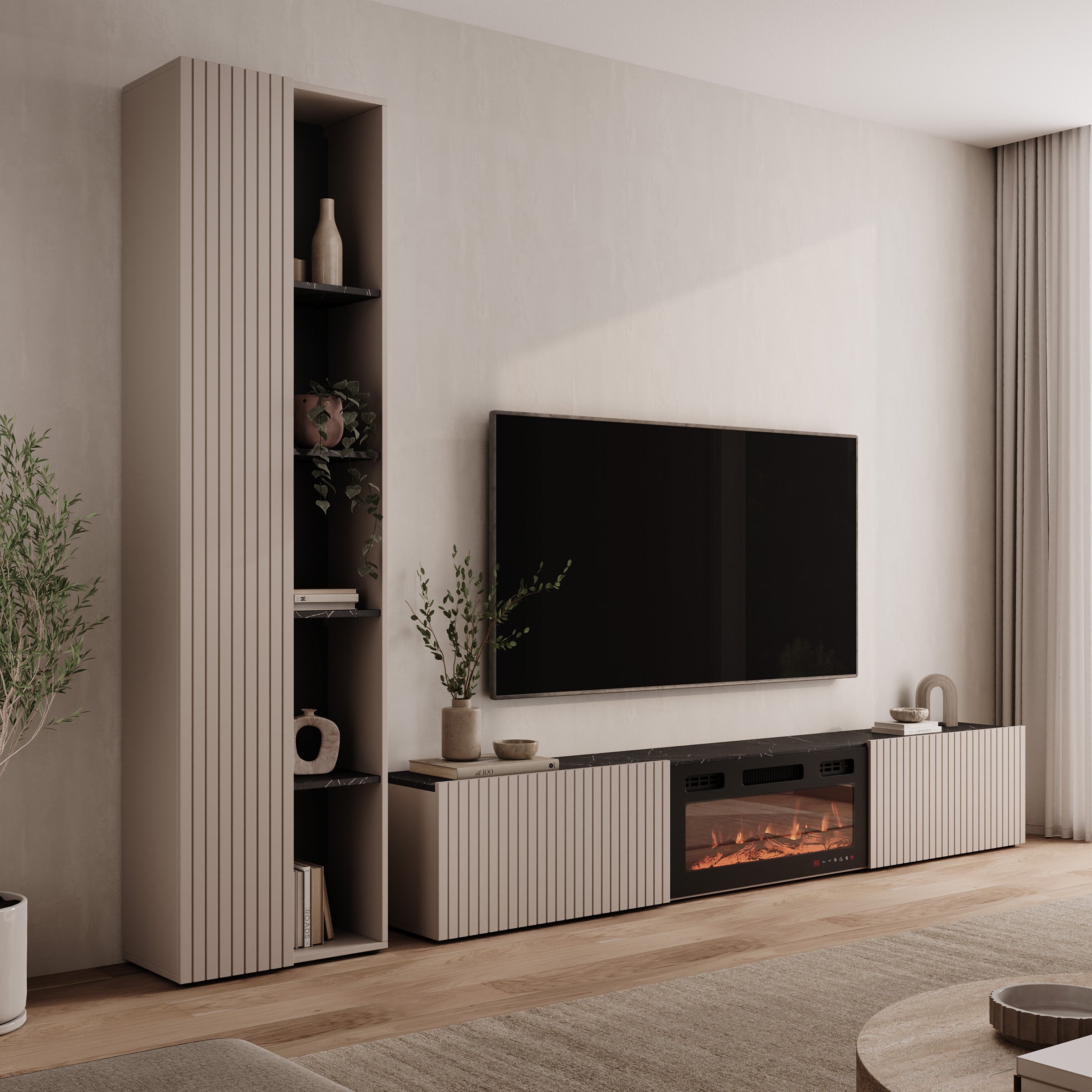 Mullins - Wandmeubel - Beige/Zwart marmerpatroon - 284x30x202 cm
