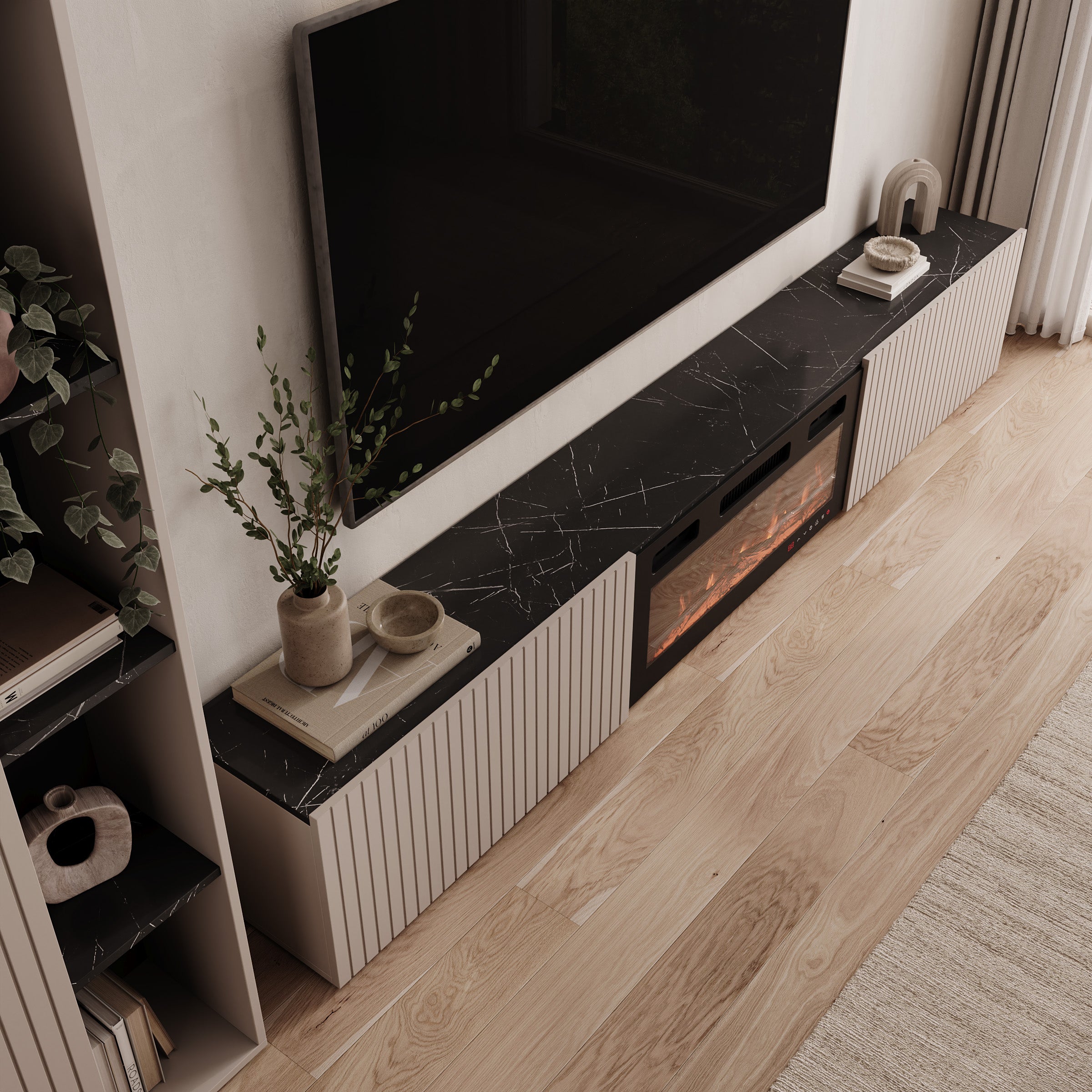 Mullins - Wandmeubel - Beige/Zwart marmerpatroon - 284x30x202 cm