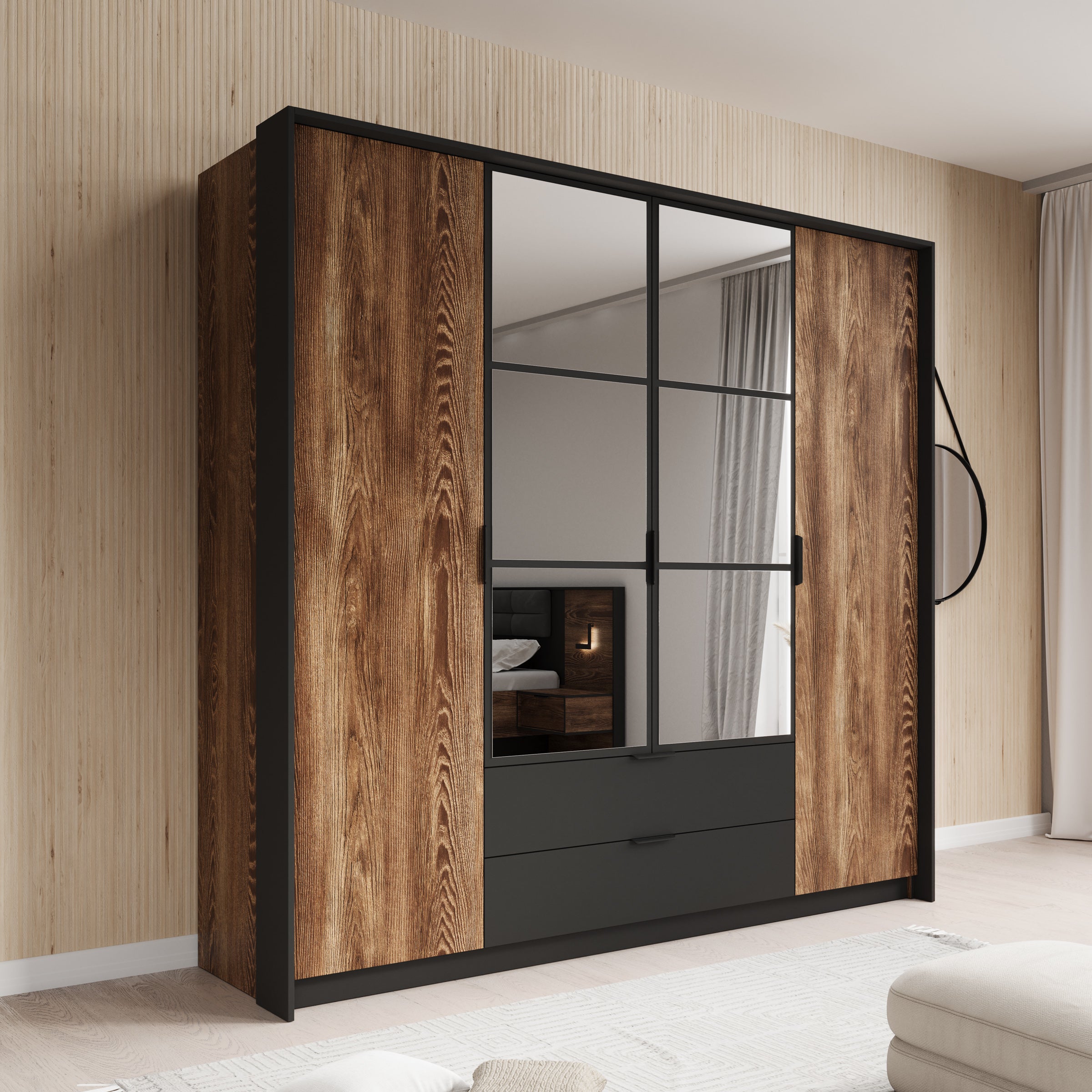 Mulvey - Kledingkast 4-deurs - Eiken/antraciet - 223x59x210 cm