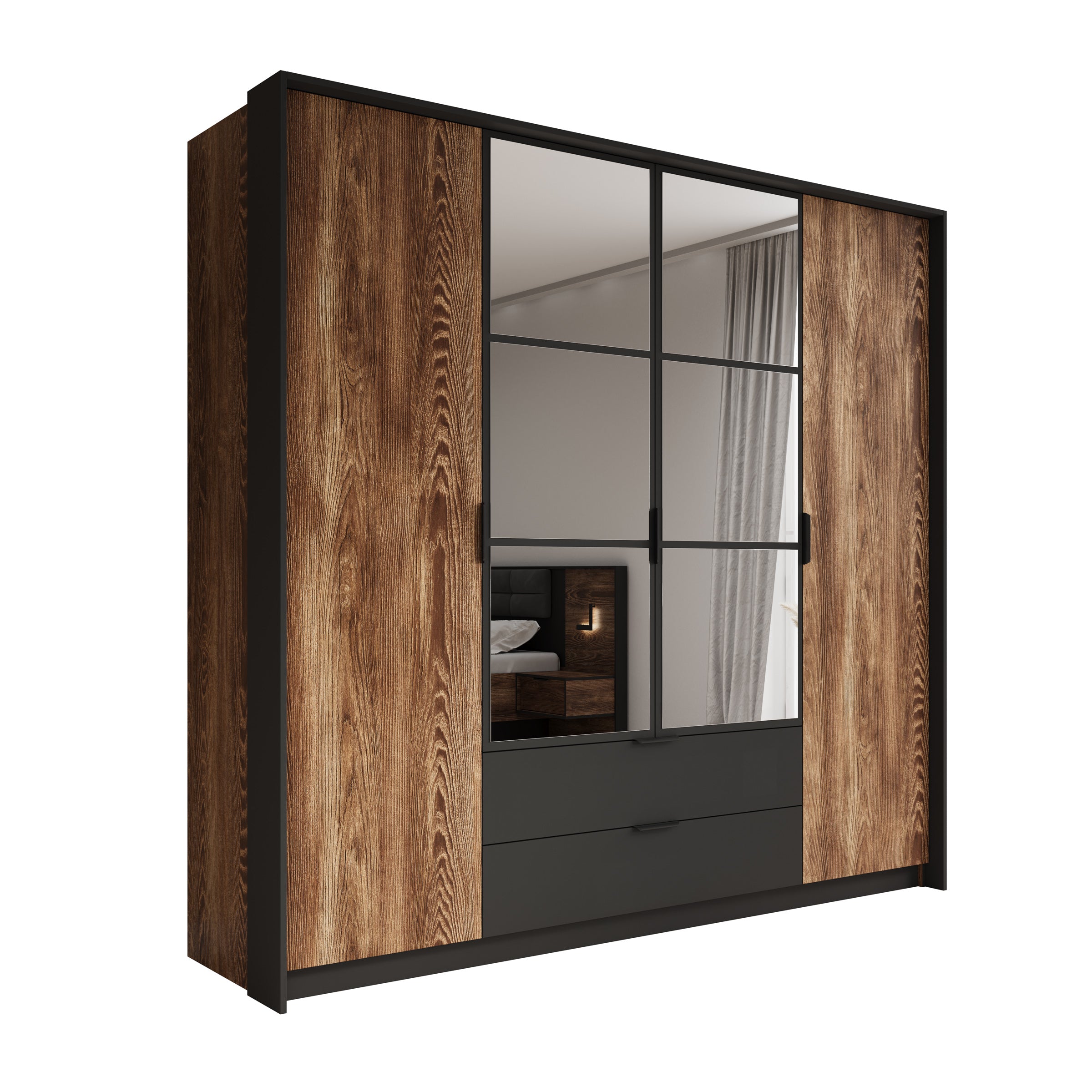 Mulvey - Kledingkast 4-deurs - Eiken/antraciet - 223x59x210 cm