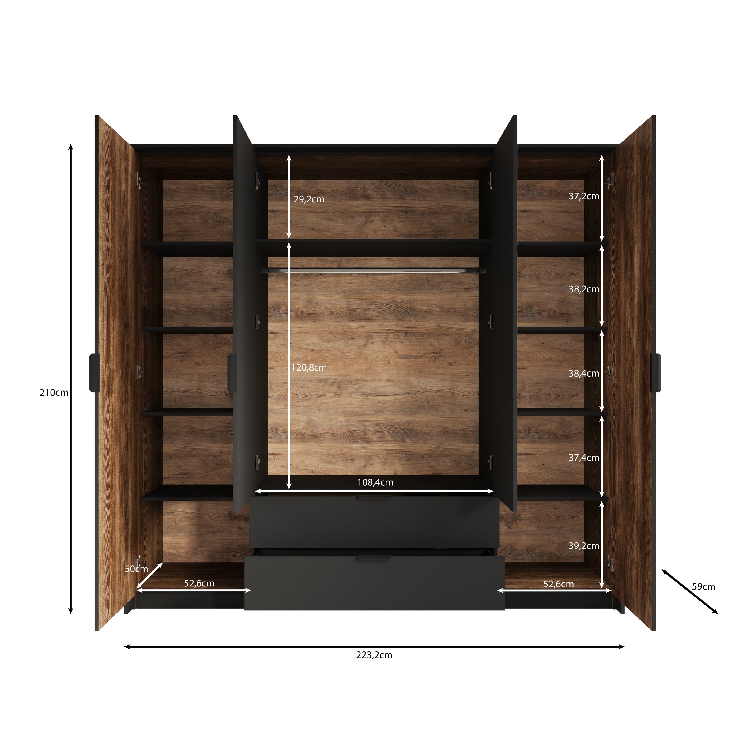 Mulvey - Kledingkast 4-deurs - Eiken/antraciet - 223x59x210 cm