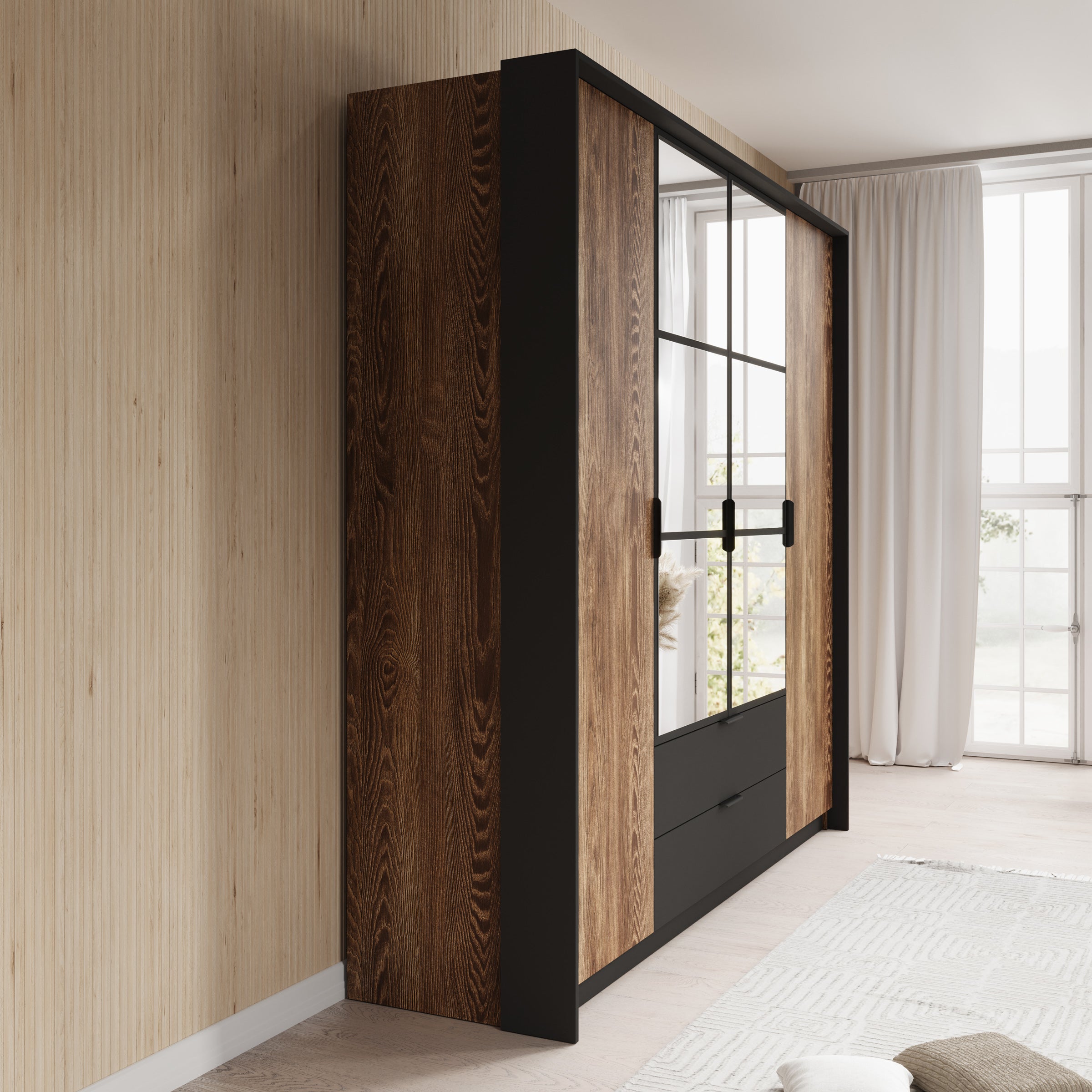 Mulvey - Kledingkast 4-deurs - Eiken/antraciet - 223x59x210 cm