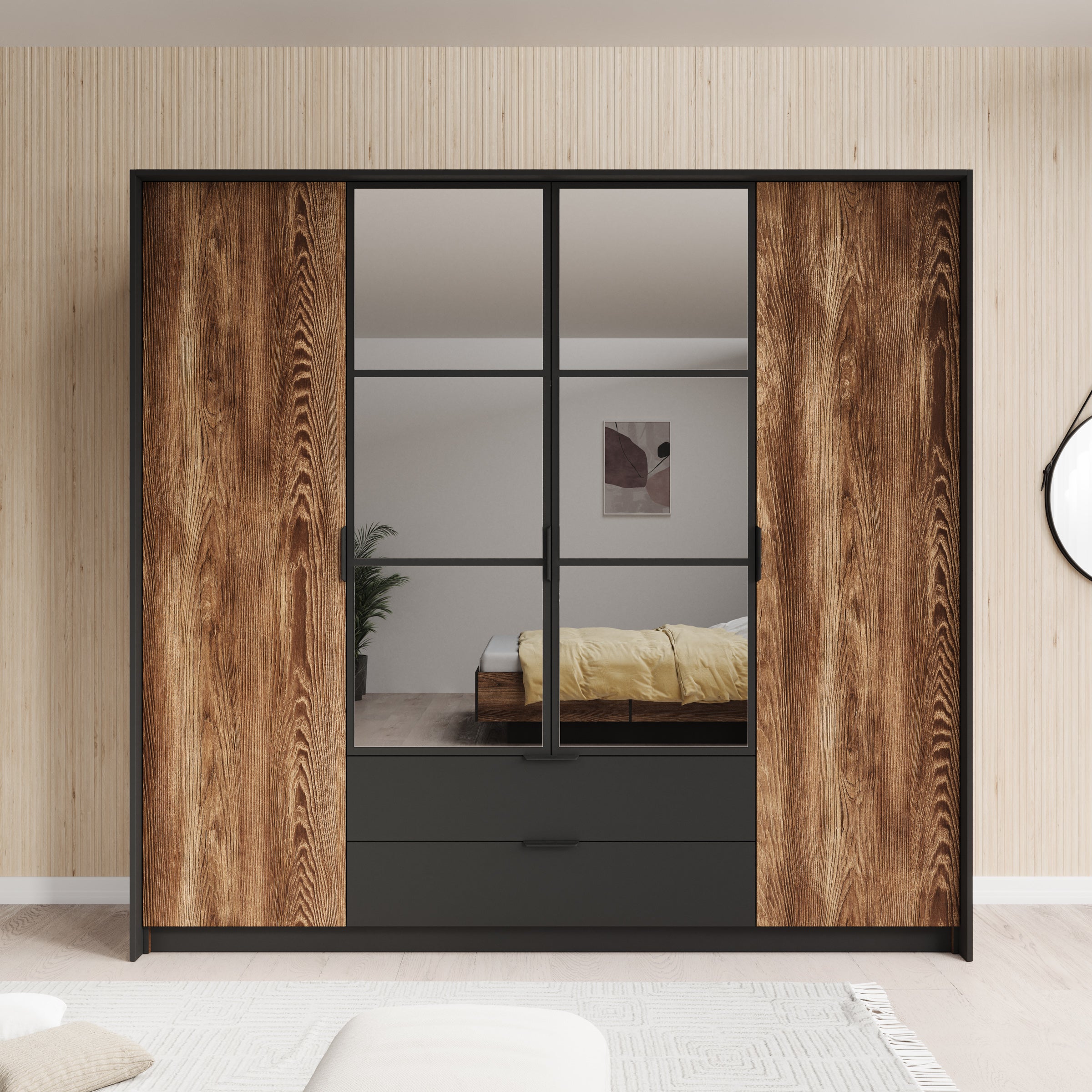 Mulvey - Kledingkast 4-deurs - Eiken/antraciet - 223x59x210 cm