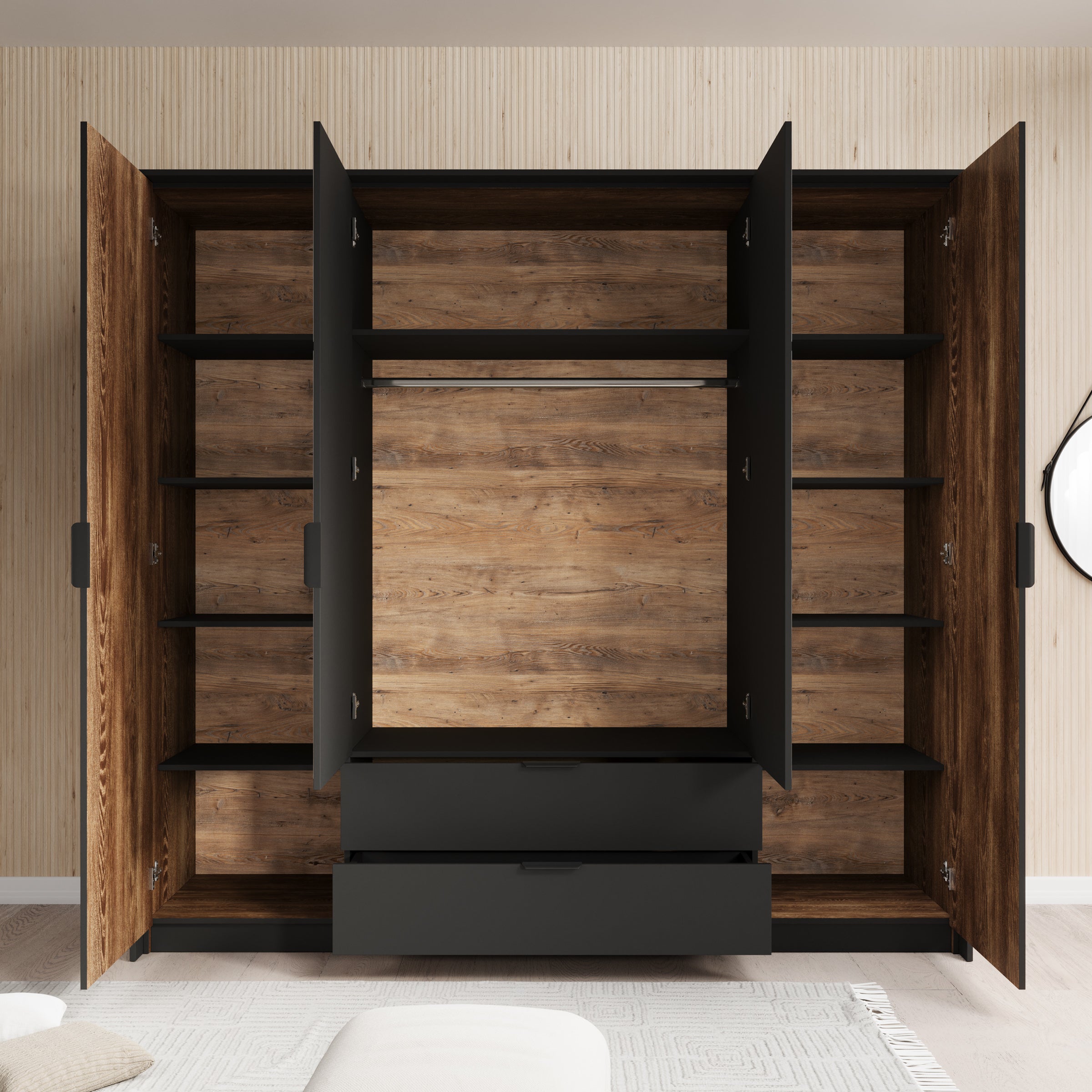 Mulvey - Kledingkast 4-deurs - Eiken/antraciet - 223x59x210 cm