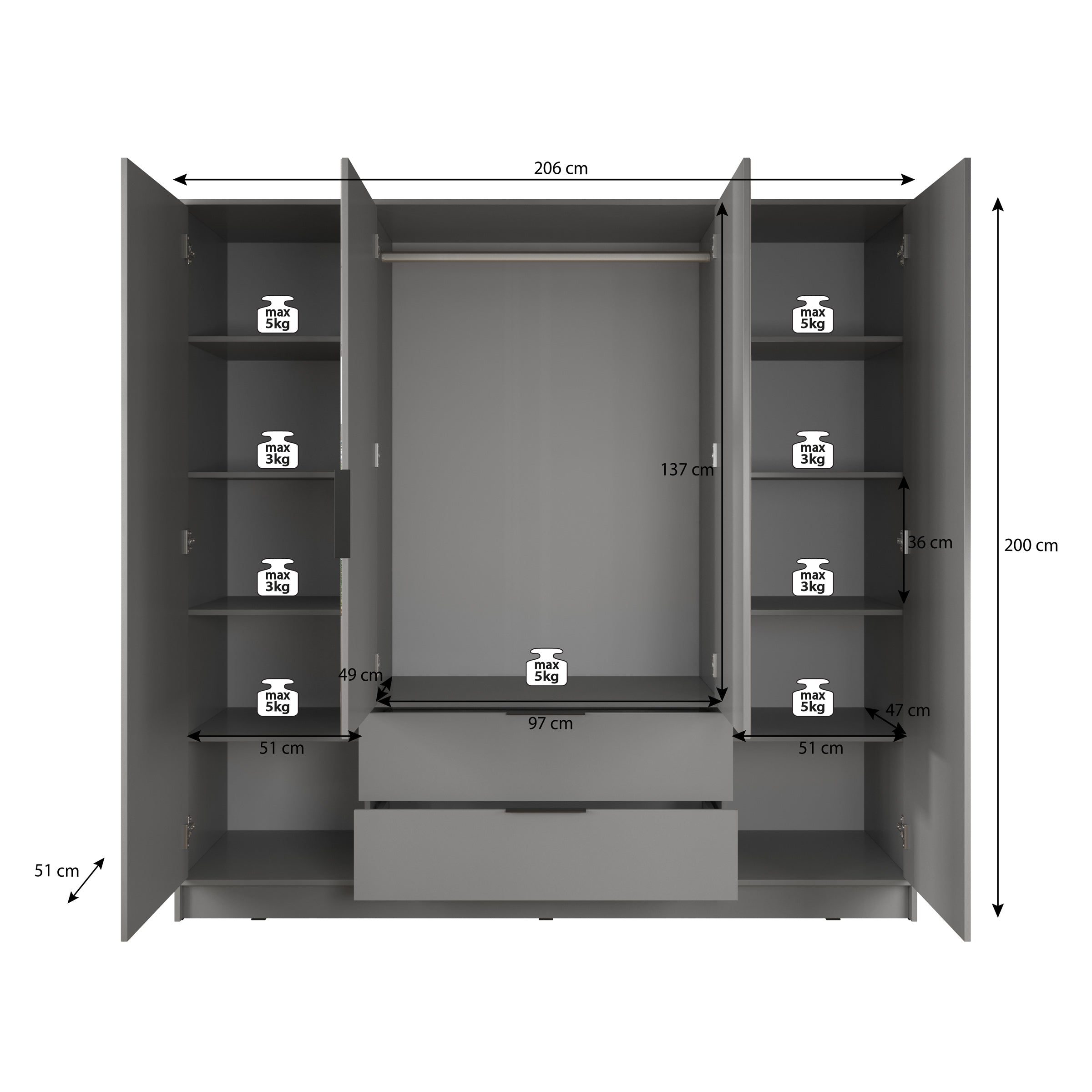 Nairobi - Kledingkast 4-deurs - Antraciet/eiken  - 206x51x200 cm