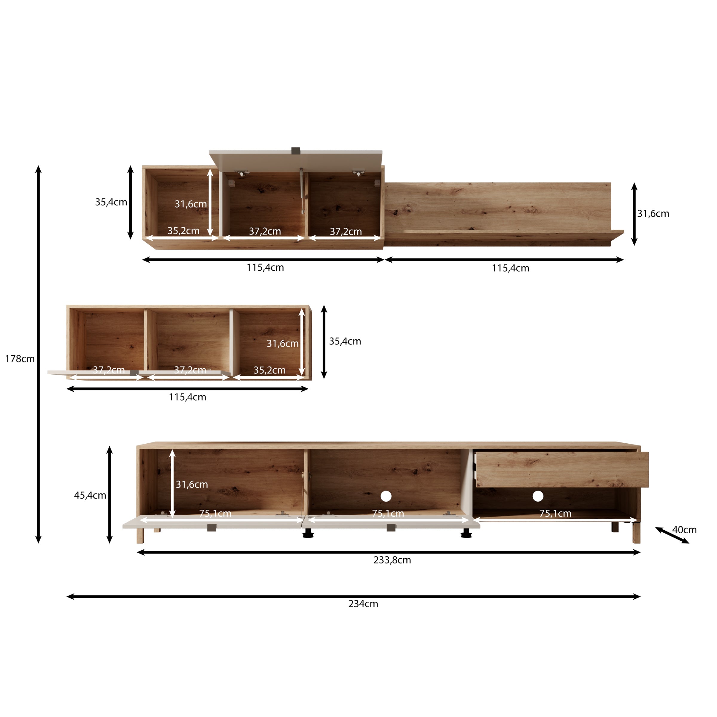 Nayel - Wandmeubel - Eikenpatroon/Beige - 234x40x178 cm