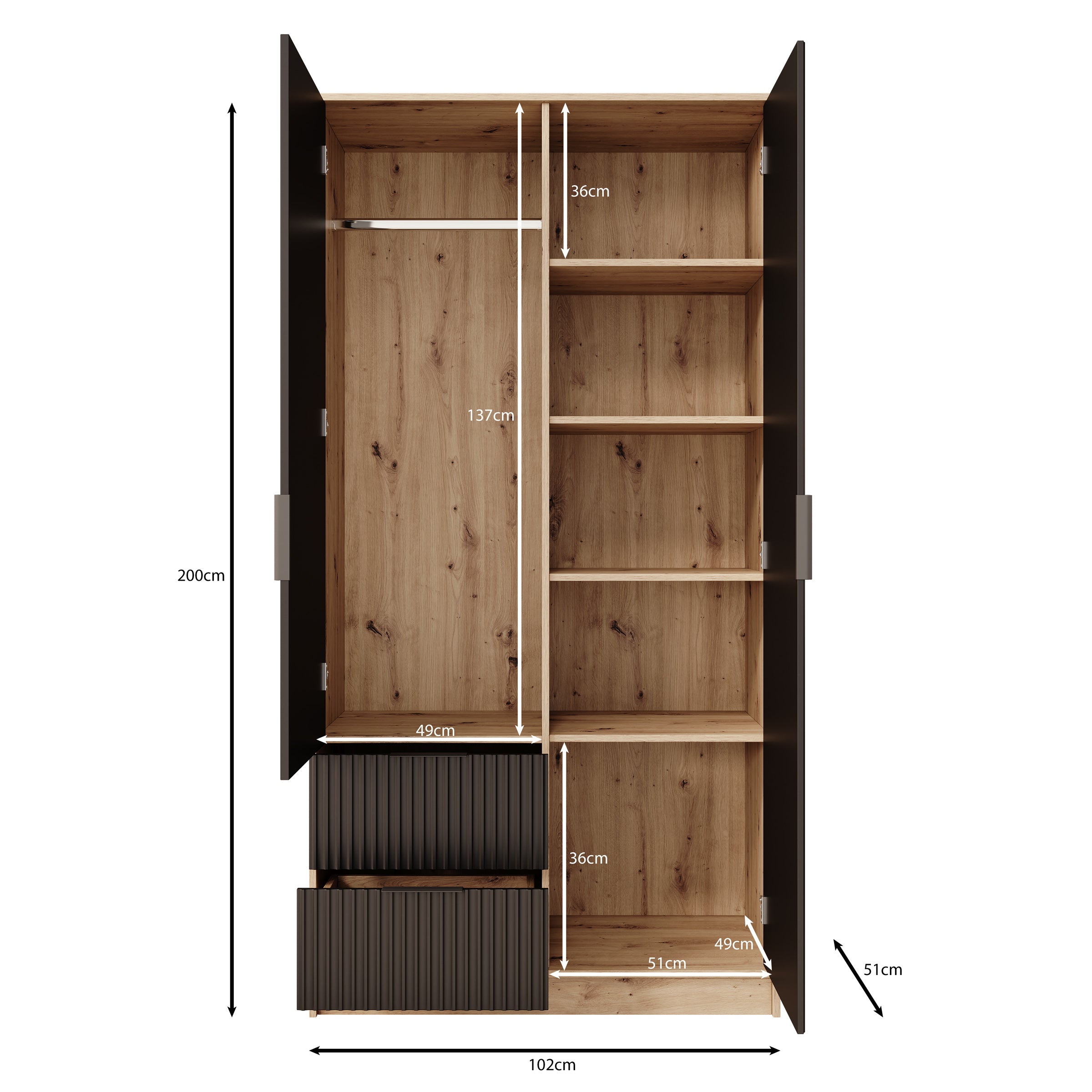 Negroni - Kledingkast 2 deurs - Eiken/Zwart - 102x51x200 cm