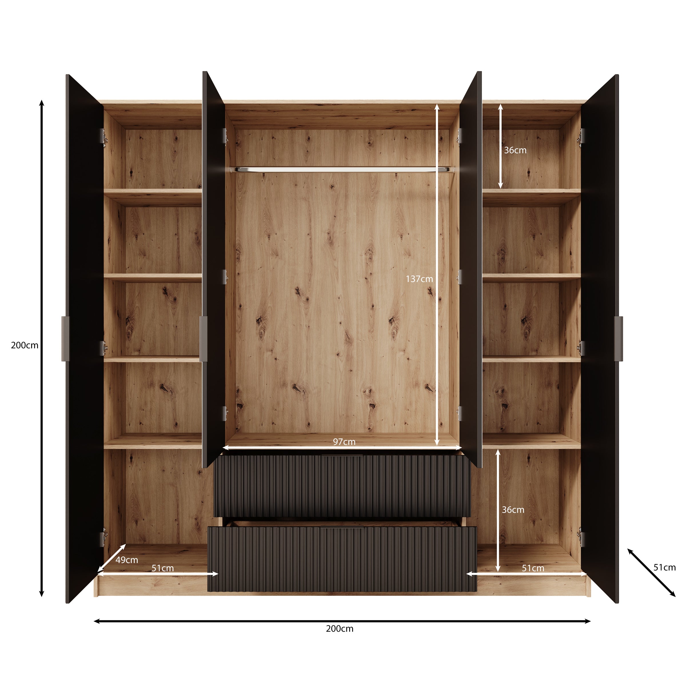 Negroni - Kledingkast 4 deurs - Eiken/Zwart - 200x51x200 cm