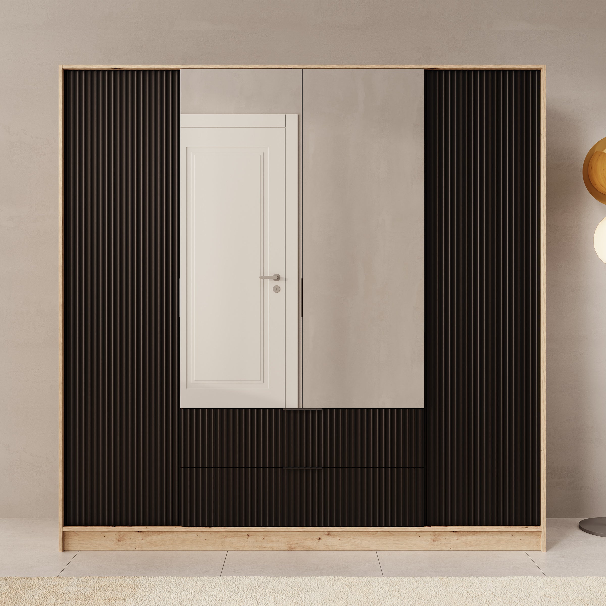 Negroni - Kledingkast 4 deurs - Eiken/Zwart - 200x51x200 cm