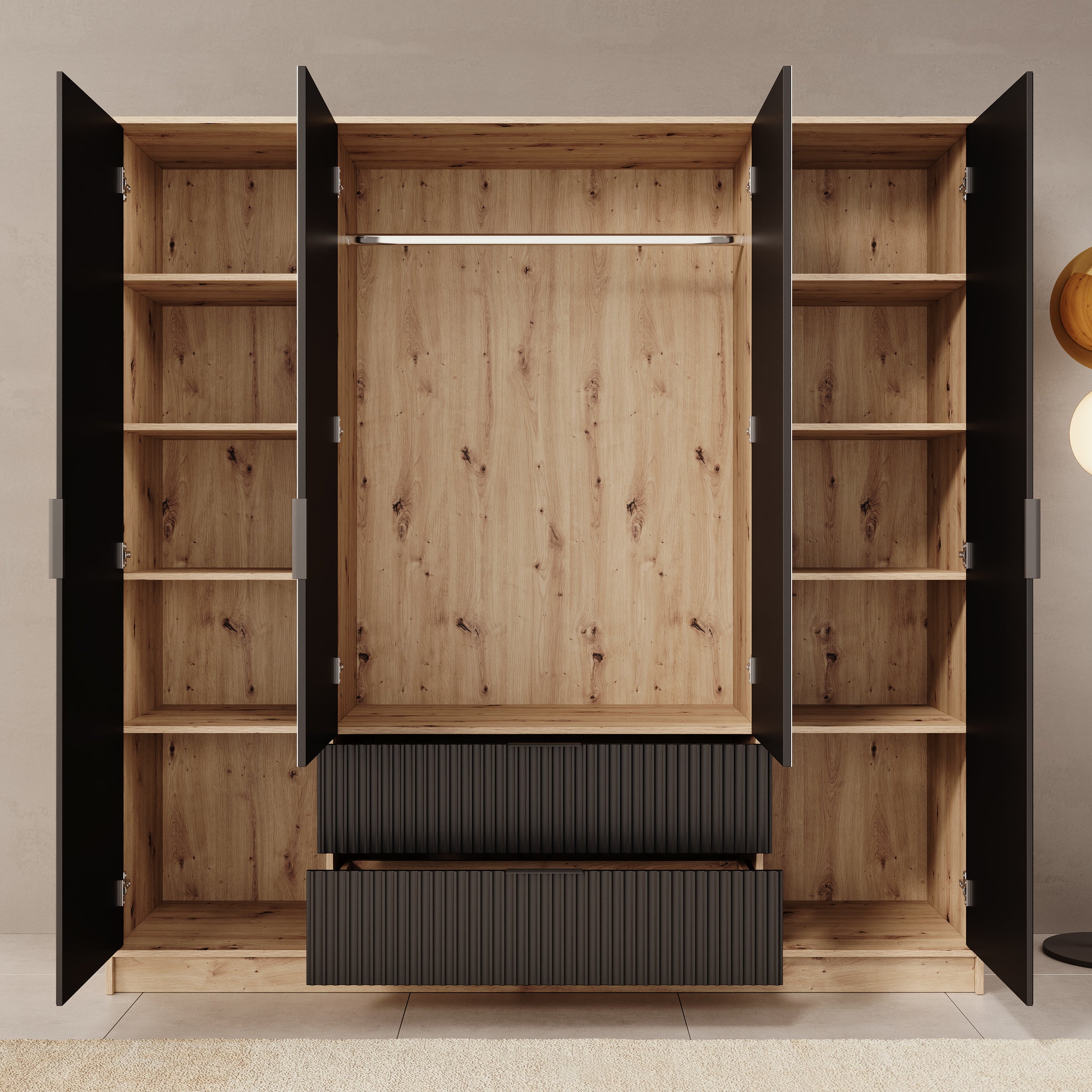 Negroni - Kledingkast 4 deurs - Eiken/Zwart - 200x51x200 cm