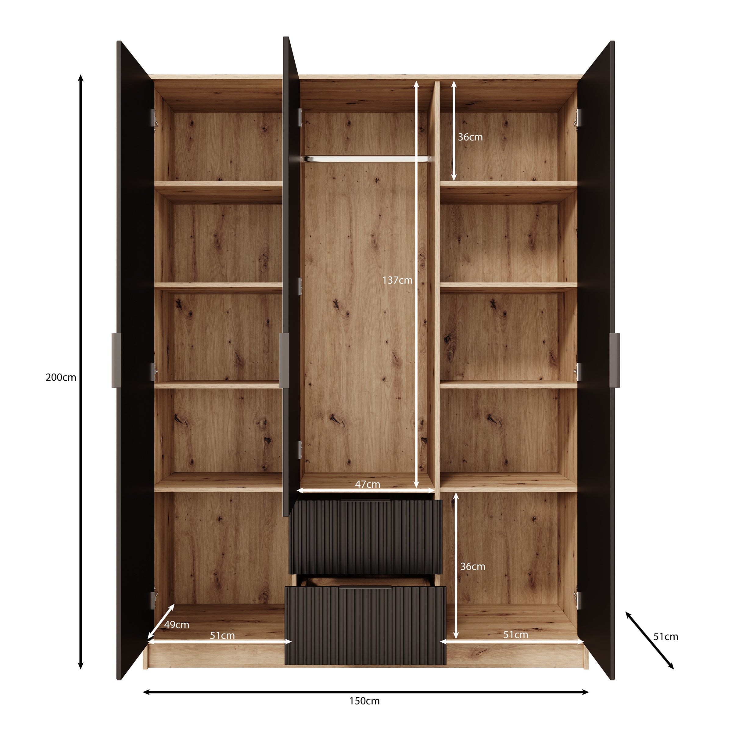 Negroni - Kledingkast met 3 deuren - Eiken/Zwart - 150x51x20