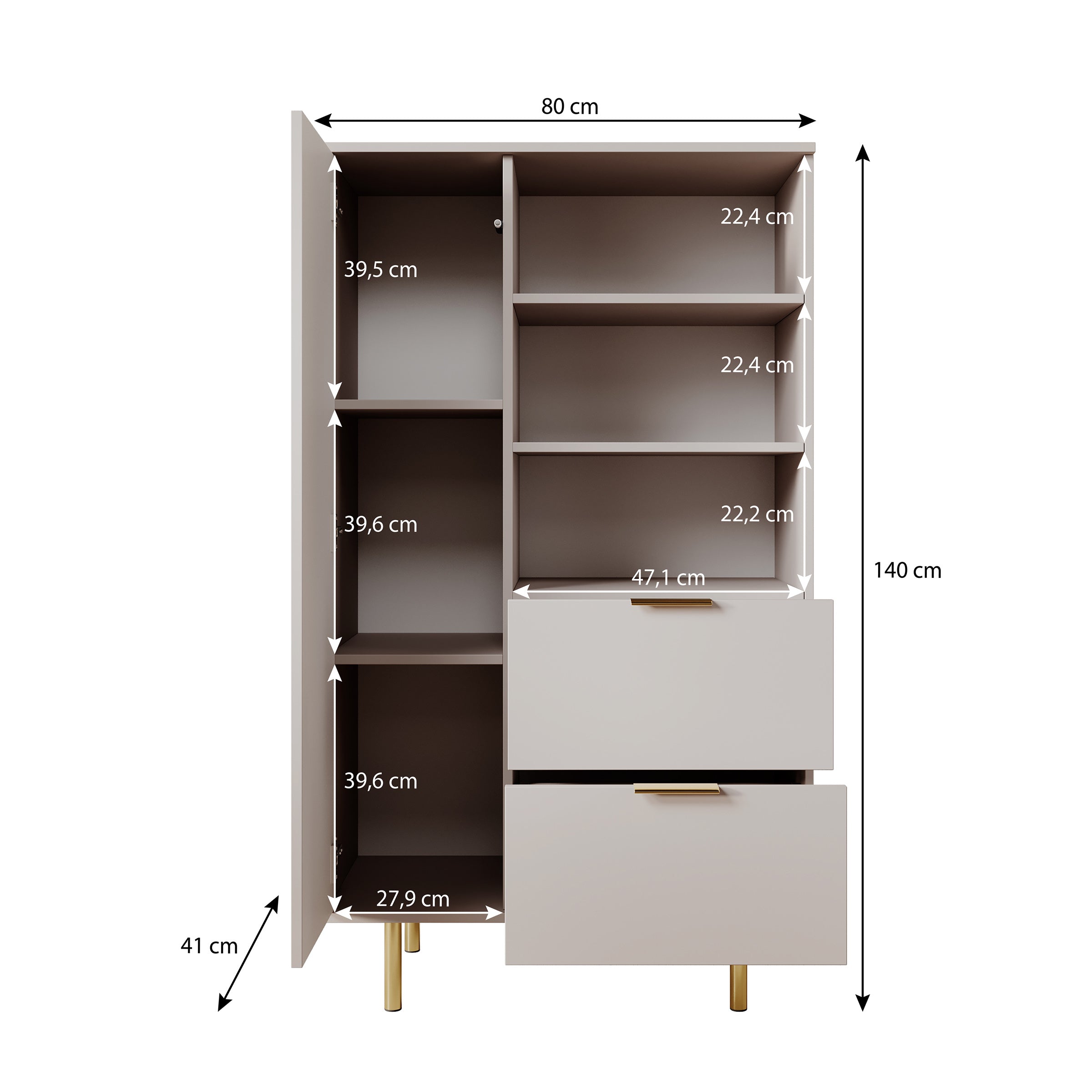 Nicola - Vitrinekast - Beige - 80x41x140 cm