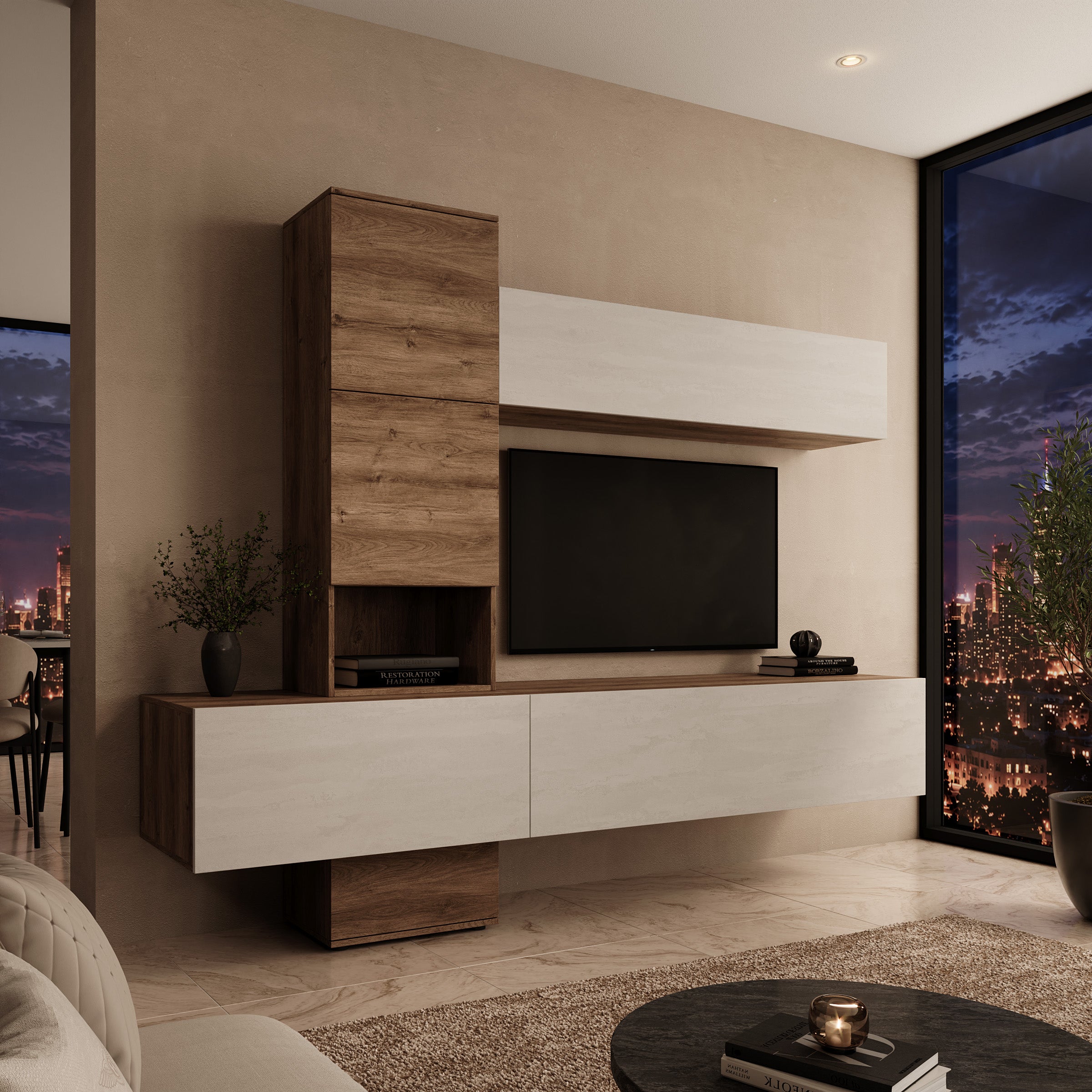 Nikiboko - Wandmeubel - Beige/Eikenpatroon - 240x50x196 cm