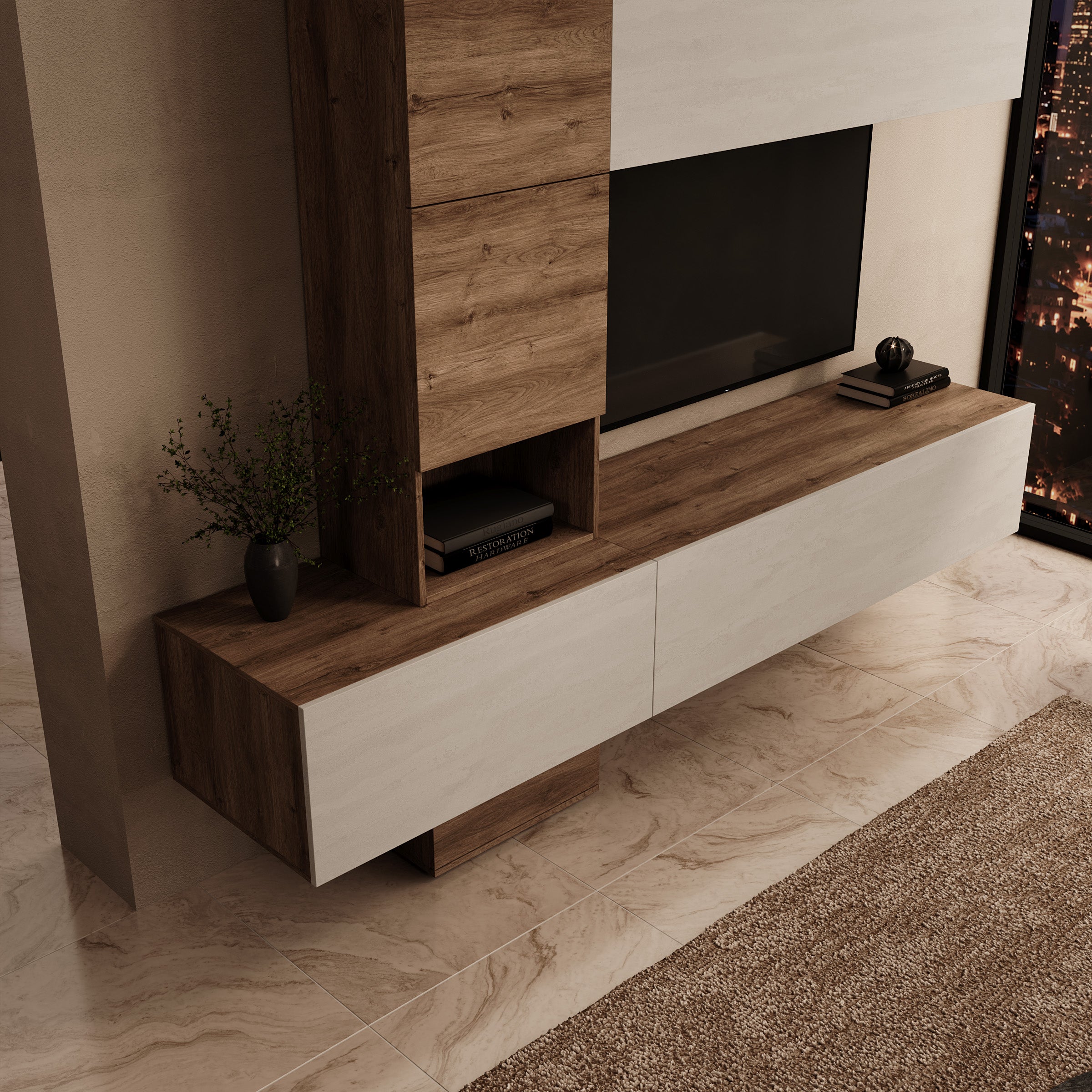 Nikiboko - Wandmeubel - Beige/Eikenpatroon - 240x50x196 cm