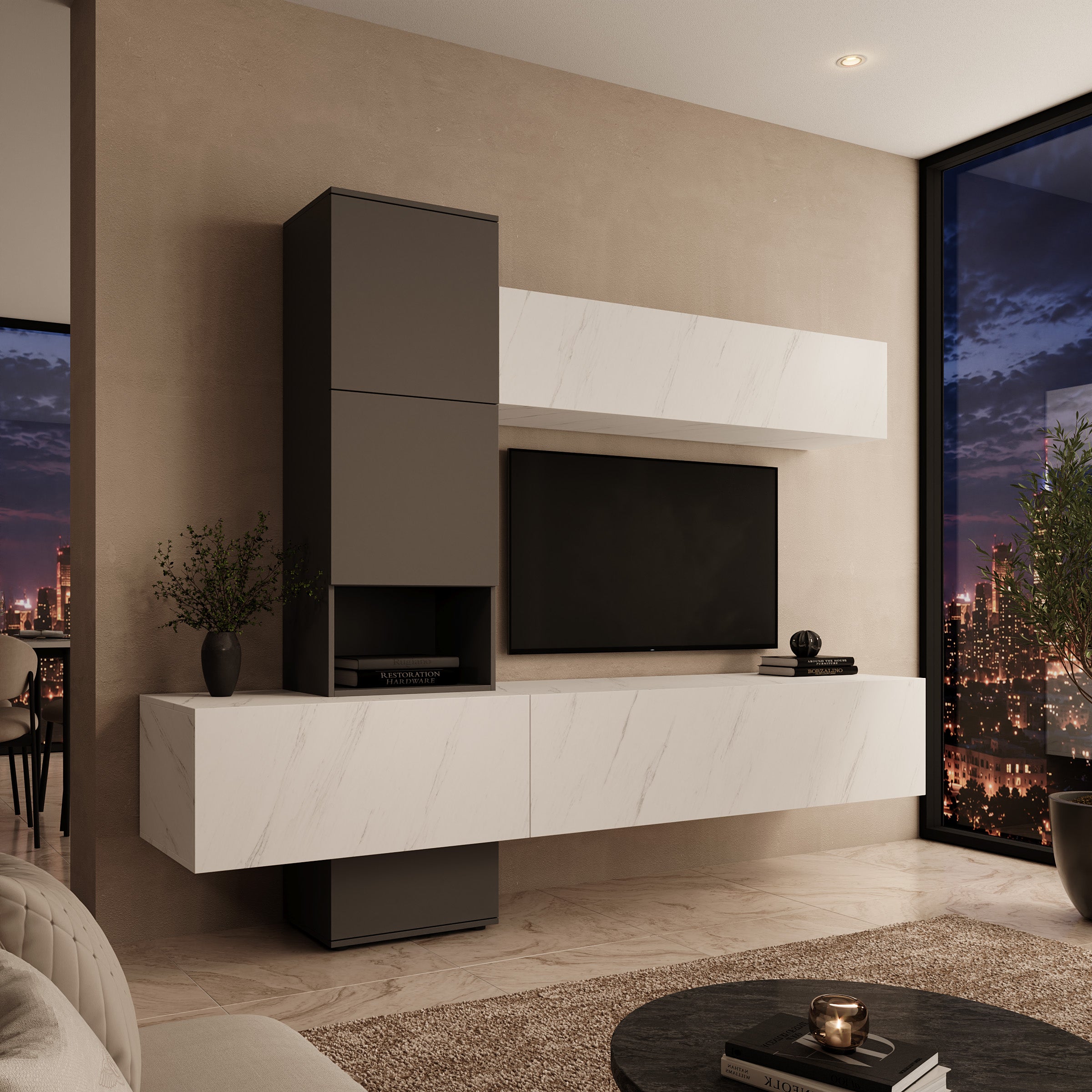 Nikiboko - Wandmeubel - Wit marmerpatroon/Grijs - 240x50x196 cm