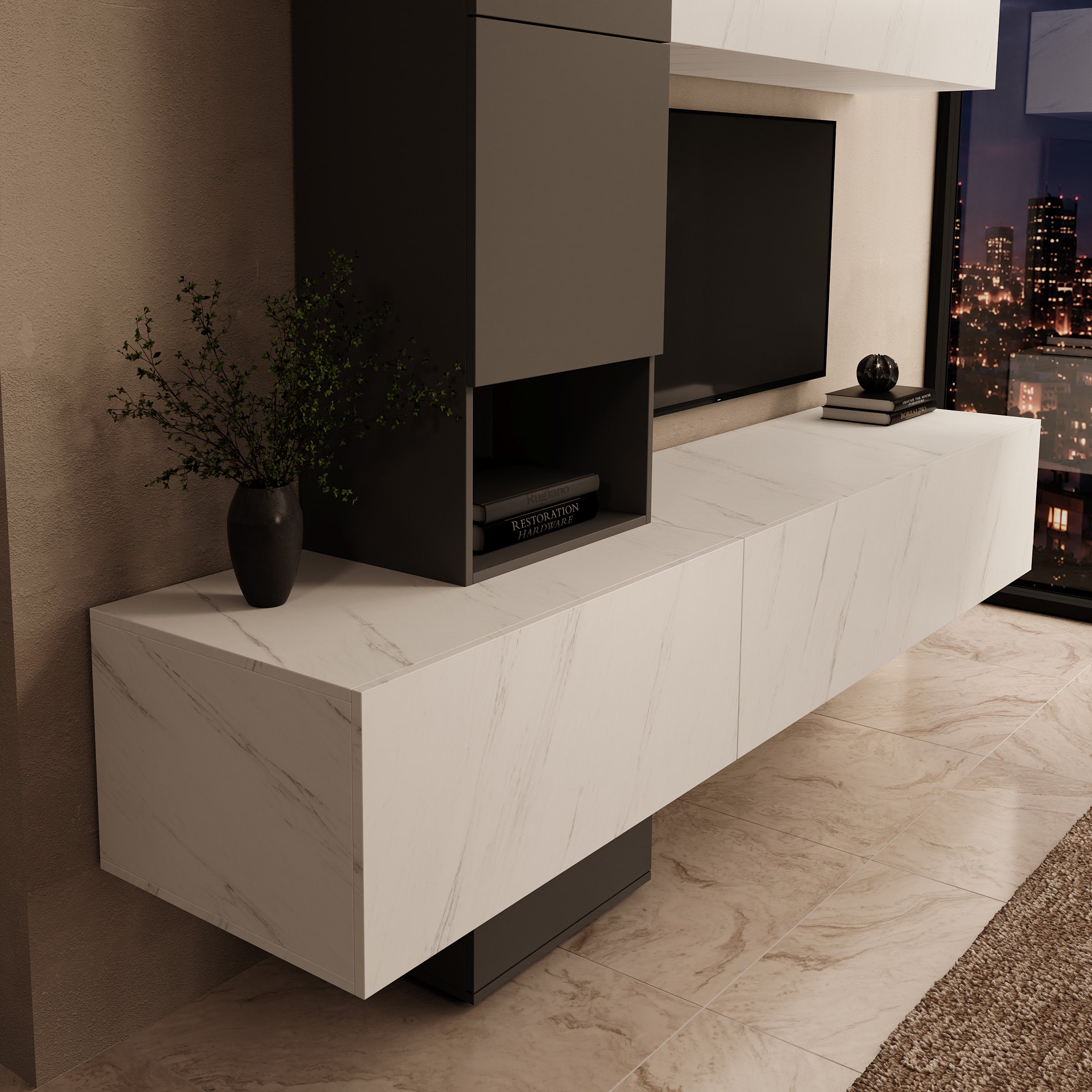 Nikiboko - Wandmeubel - Wit marmerpatroon/Grijs - 240x50x196 cm
