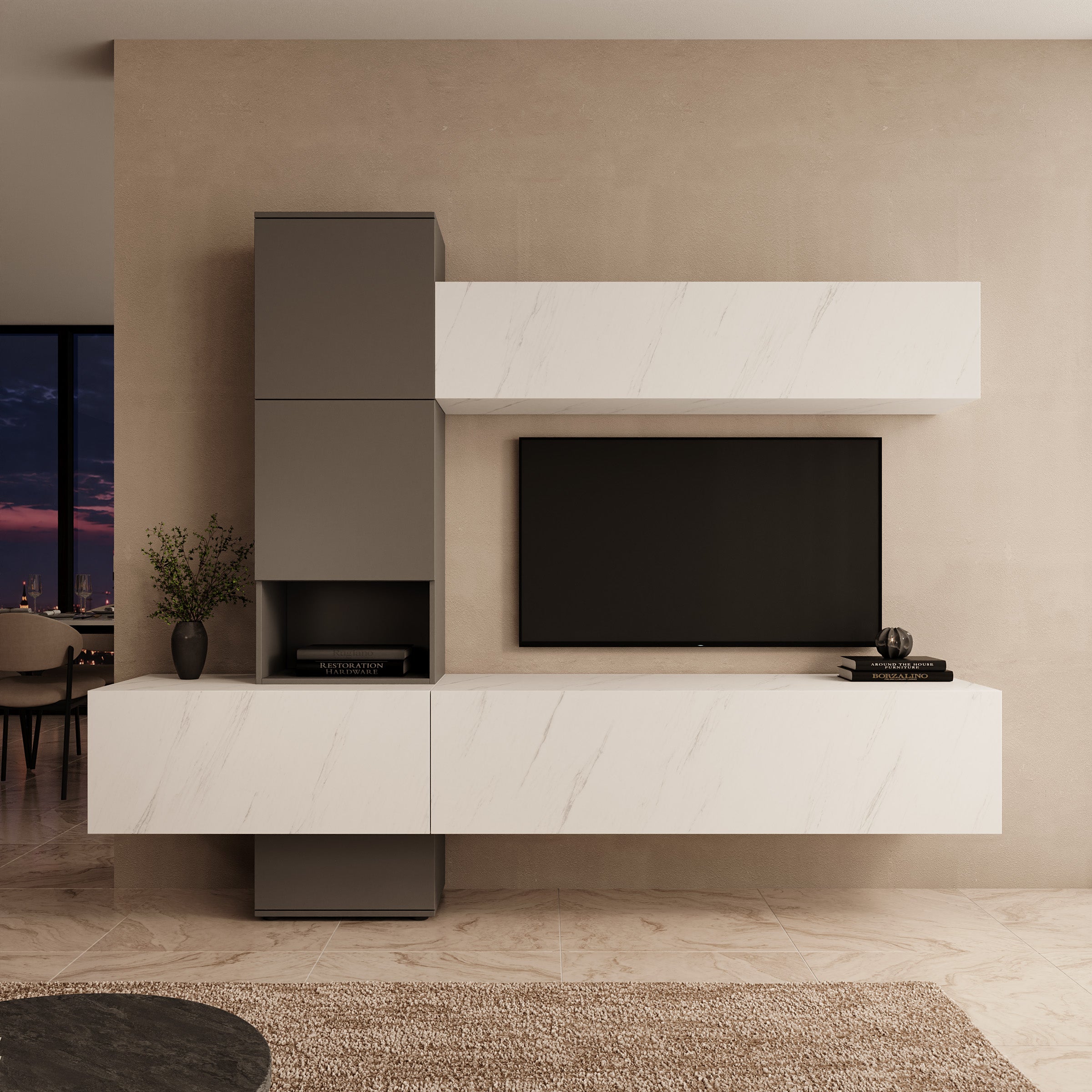 Nikiboko - Wandmeubel - Wit marmerpatroon/Grijs - 240x50x196 cm