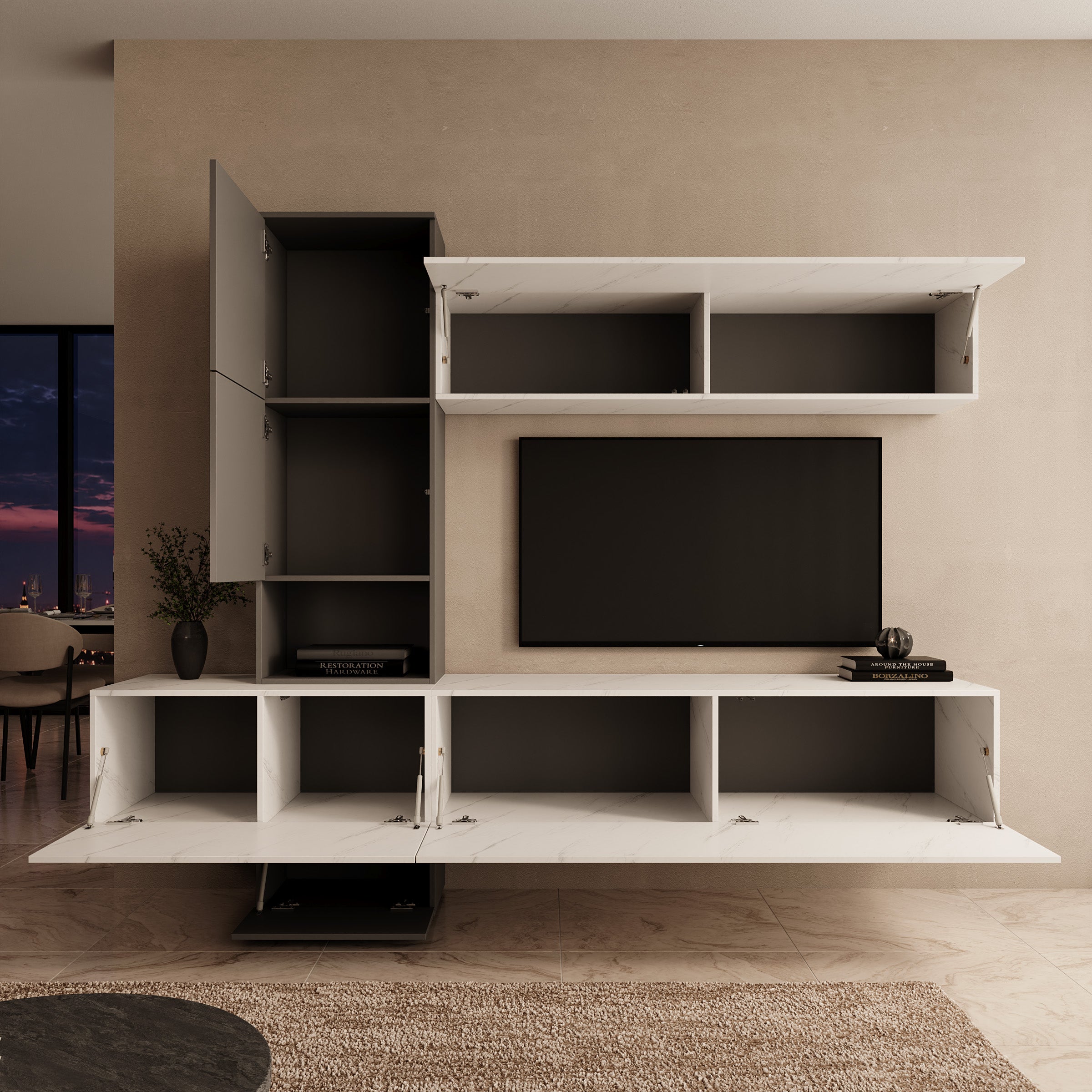 Nikiboko - Wandmeubel - Wit marmerpatroon/Grijs - 240x50x196 cm