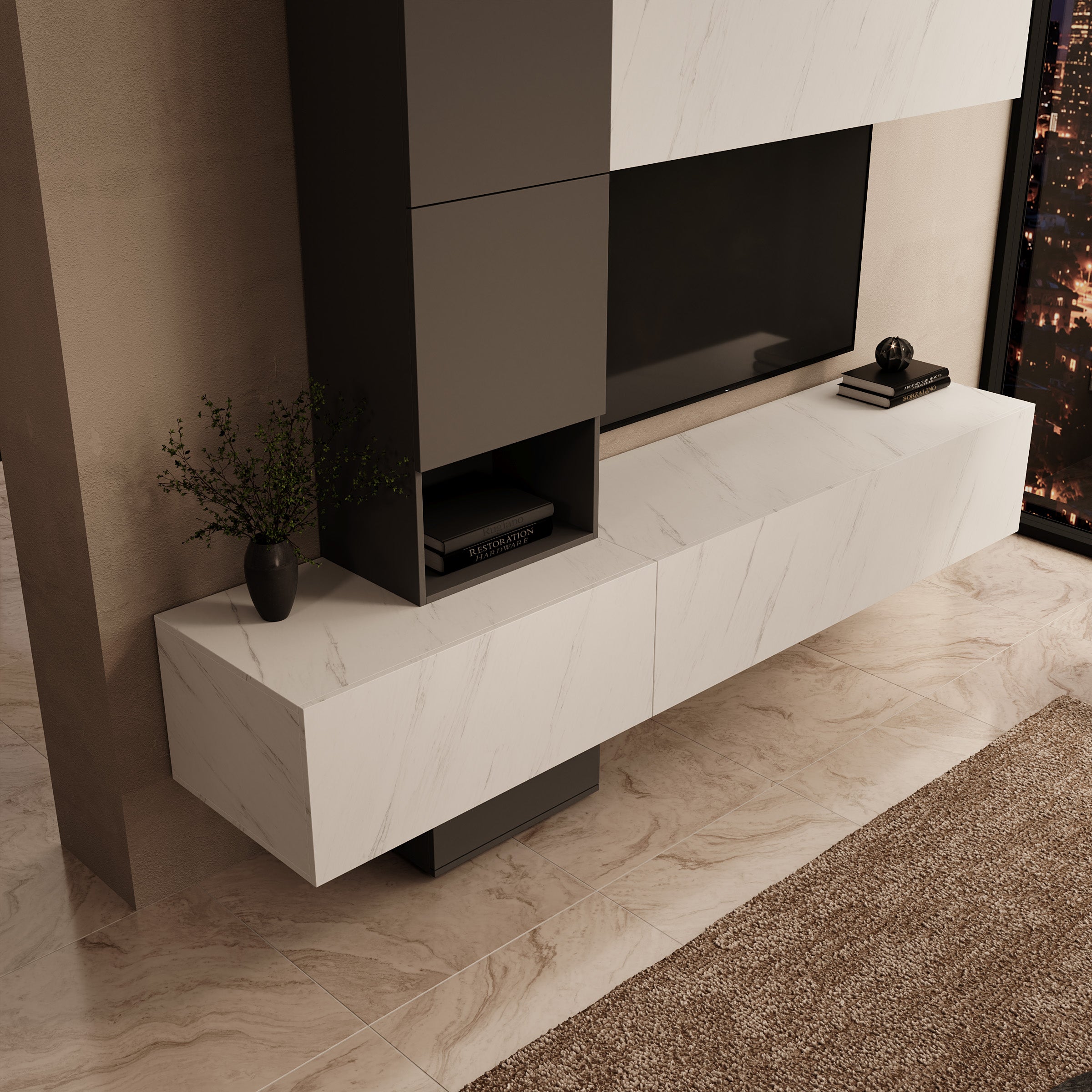 Nikiboko - Wandmeubel - Wit marmerpatroon/Grijs - 240x50x196 cm