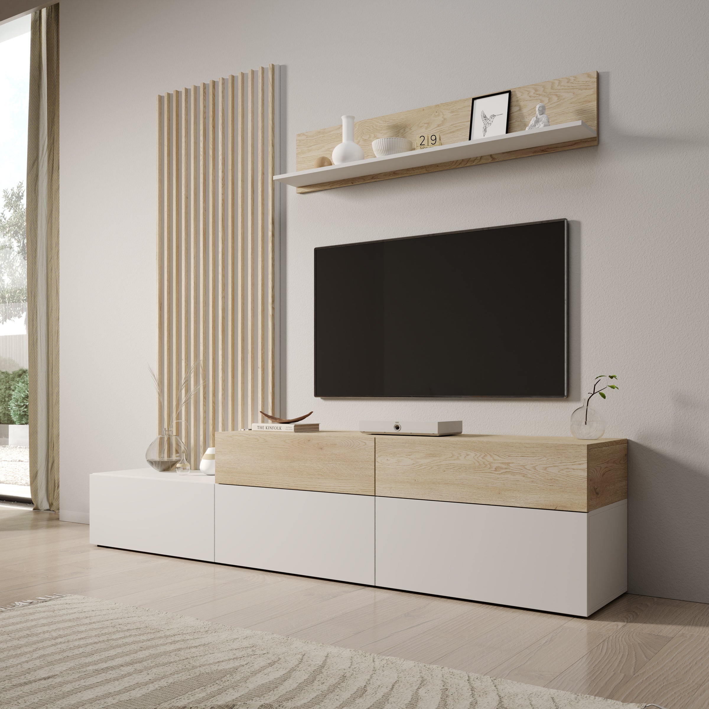 Nobu - Wandmeubel - Wit/Eikenpatroon - 225x40x209 cm