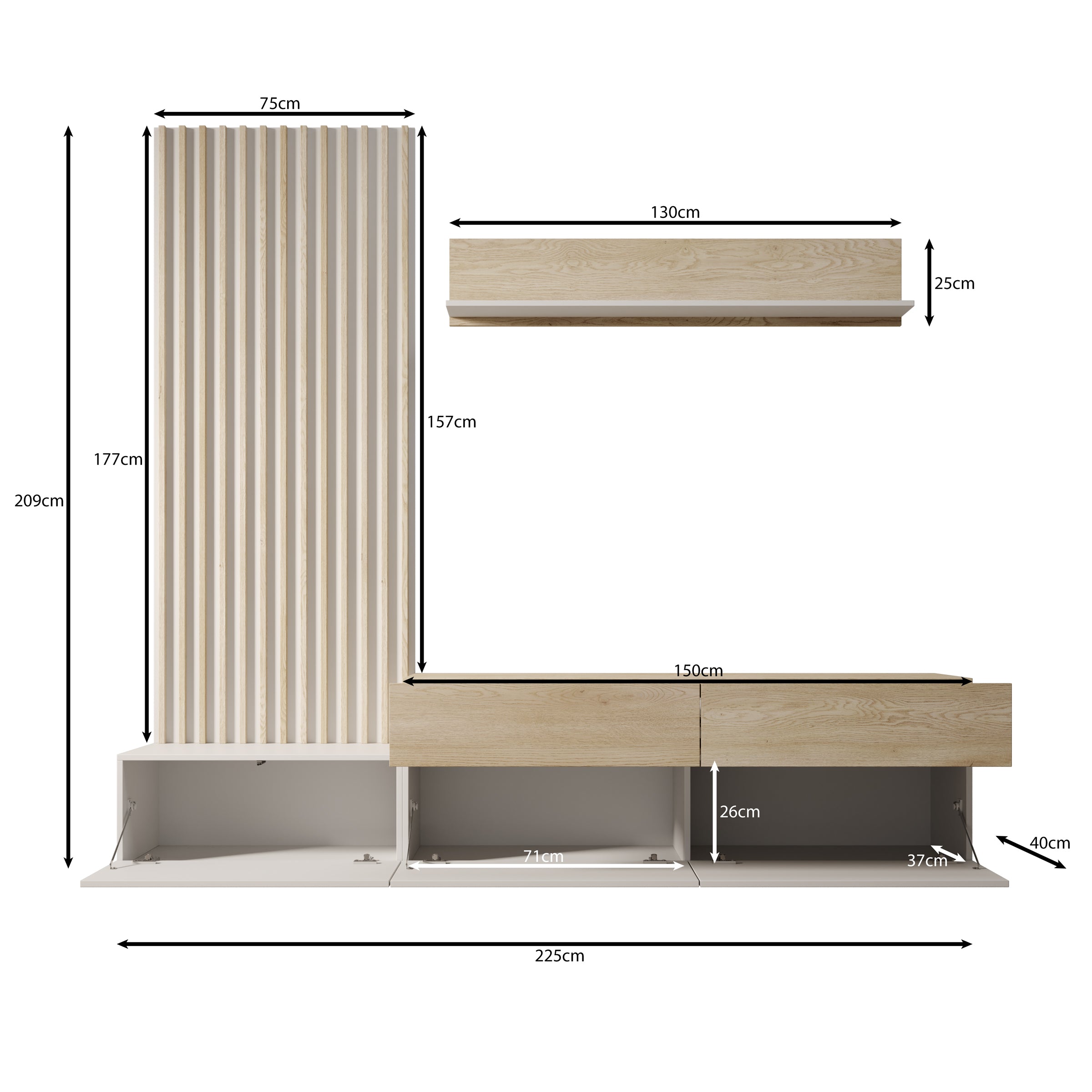 Nobu - Wandmeubel - Grijs/Eikenpatroon - 225x40x209 cm
