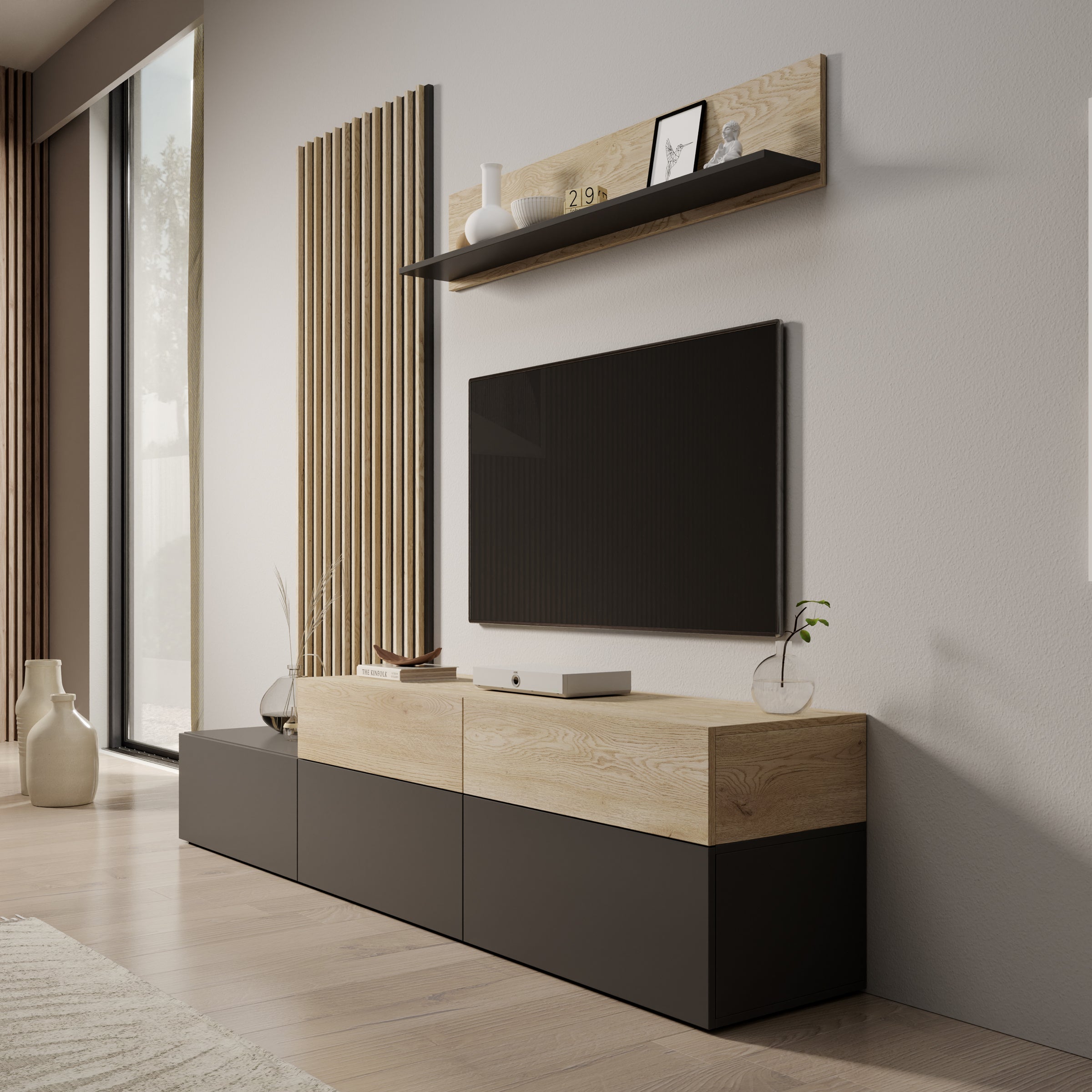 Nobu - Wandmeubel - Grijs/Eikenpatroon - 225x40x209 cm