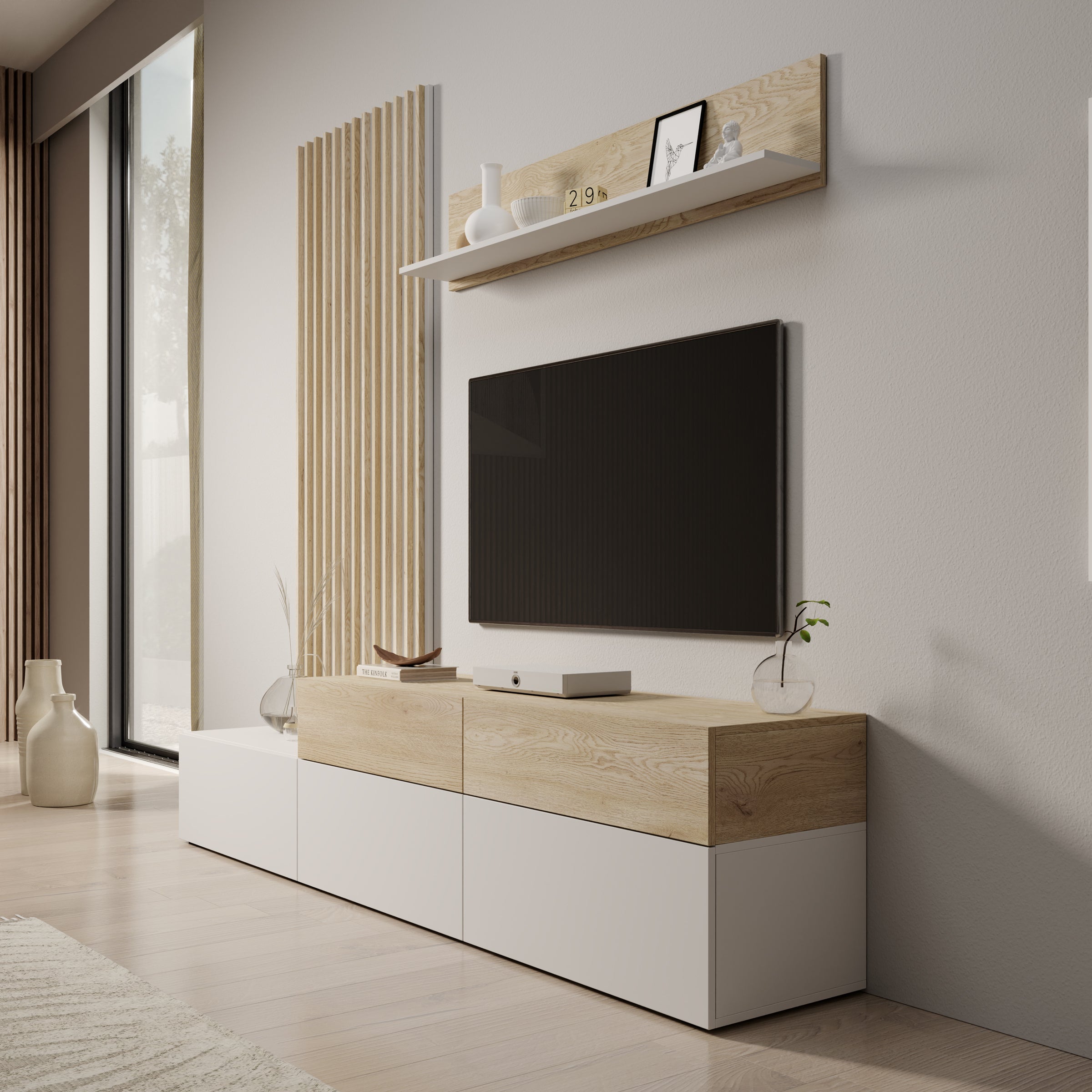 Nobu - Wandmeubel - Wit/Eikenpatroon - 225x40x209 cm