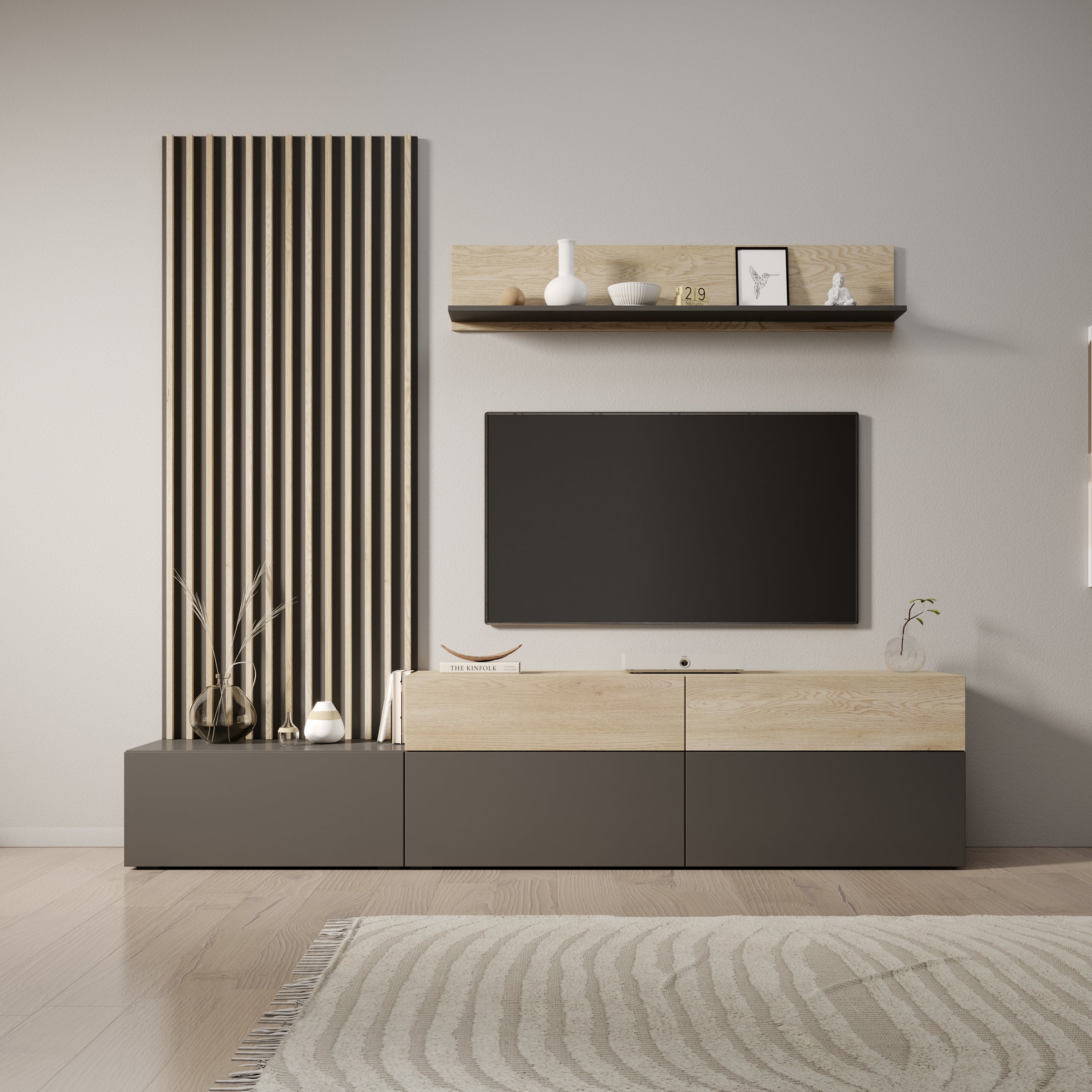 Nobu - Wandmeubel - Grijs/Eikenpatroon - 225x40x209 cm