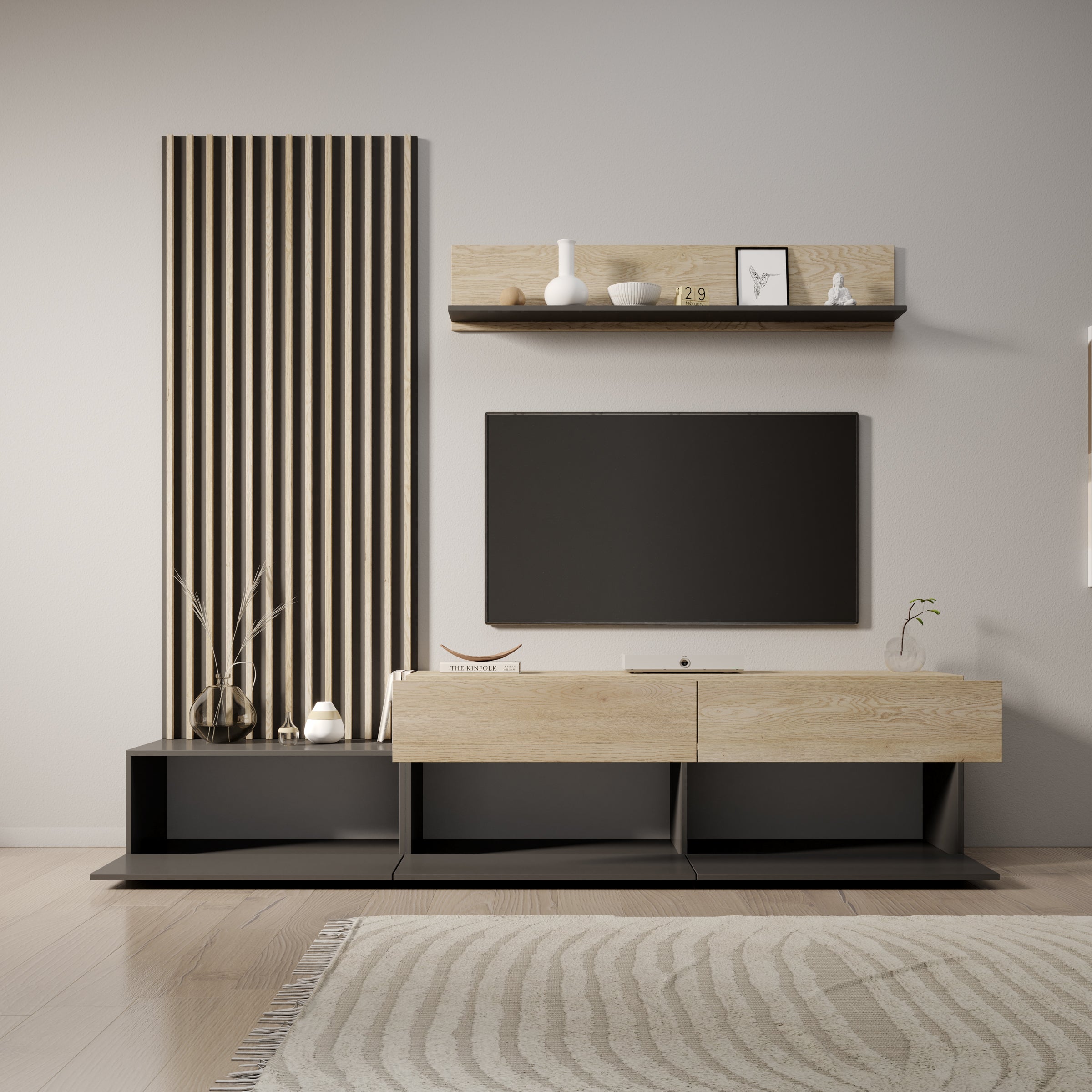 Nobu - Wandmeubel - Grijs/Eikenpatroon - 225x40x209 cm