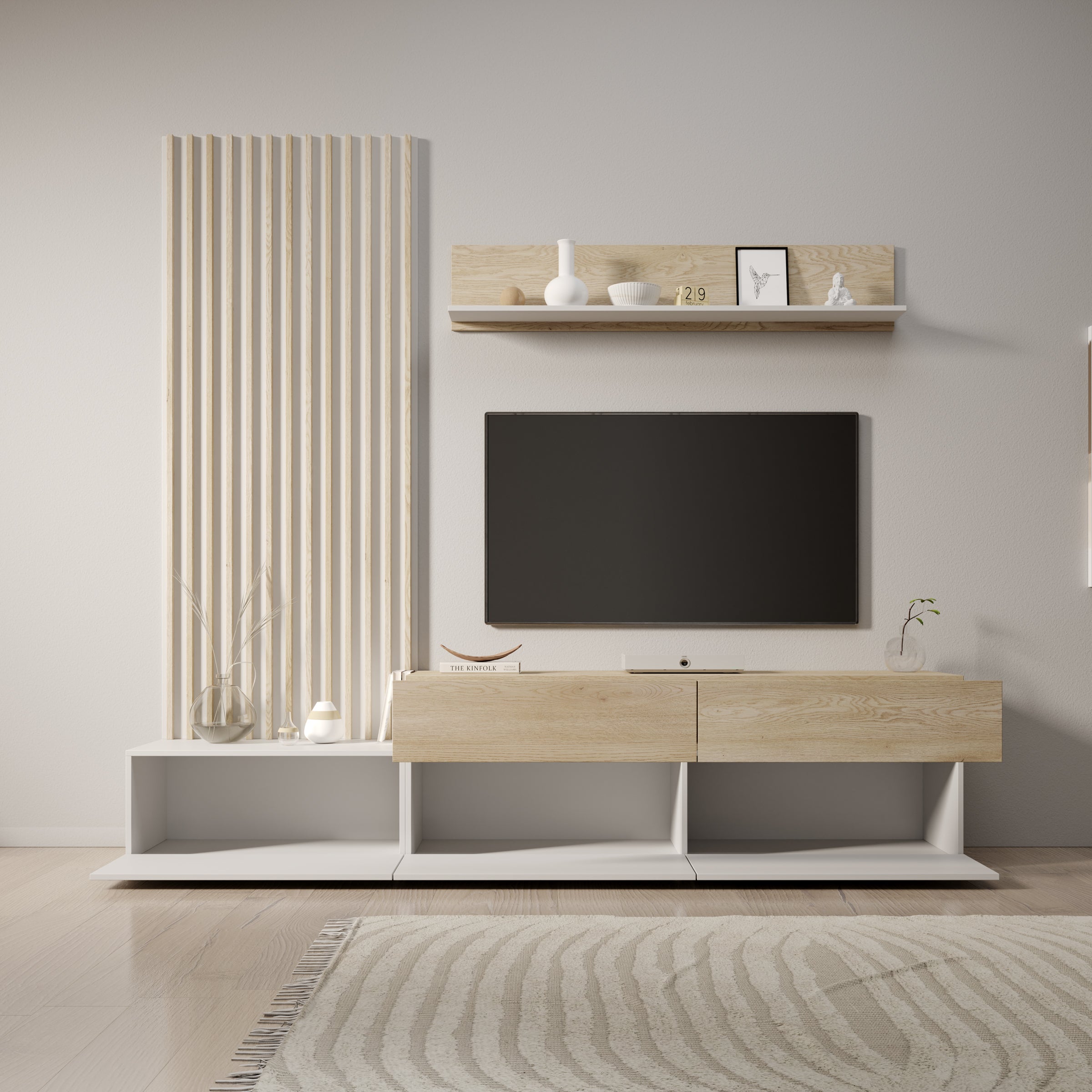 Nobu - Wandmeubel - Wit/Eikenpatroon - 225x40x209 cm