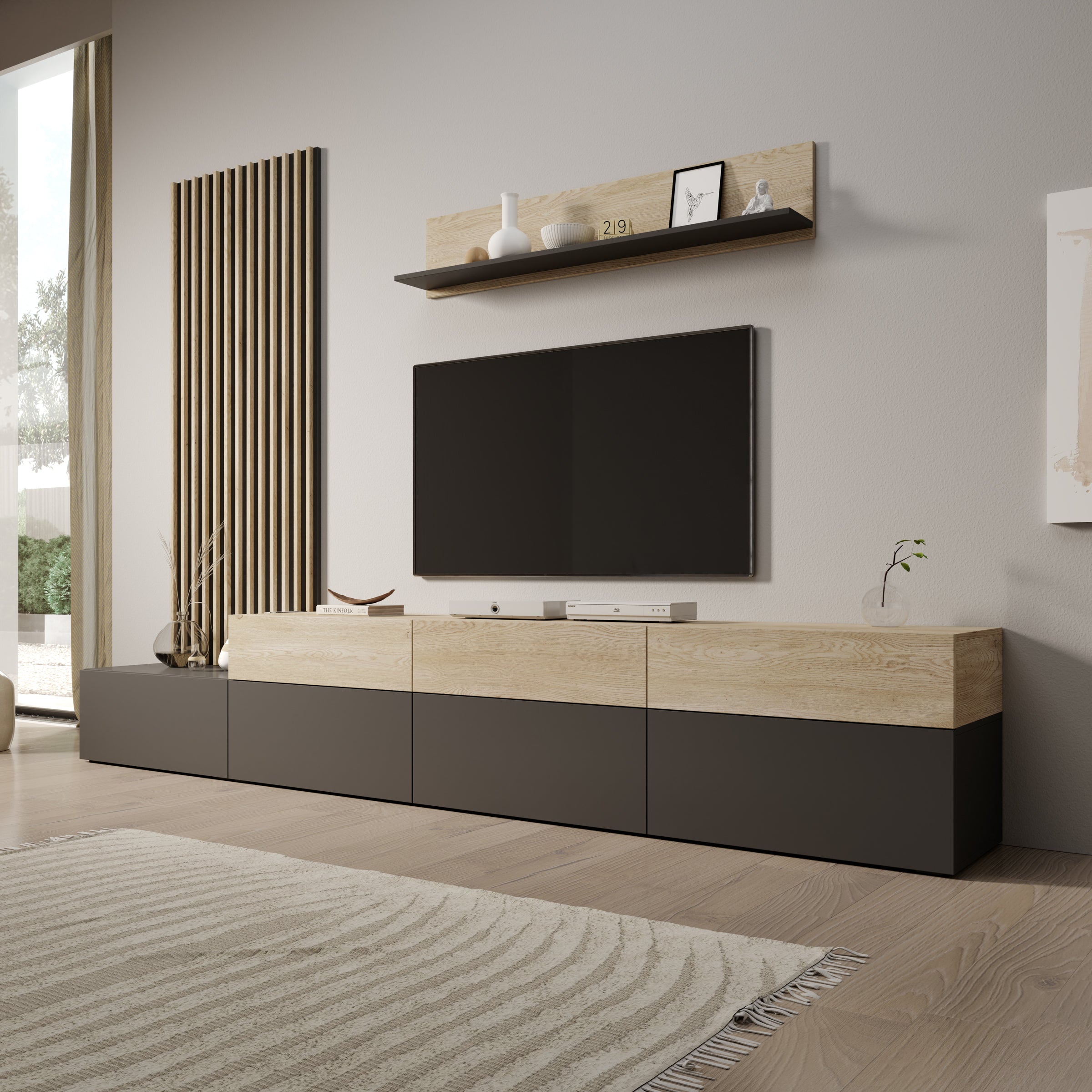 Nobu - Wandmeubel - Grijs/Eikenpatroon - 300x40x209 cm