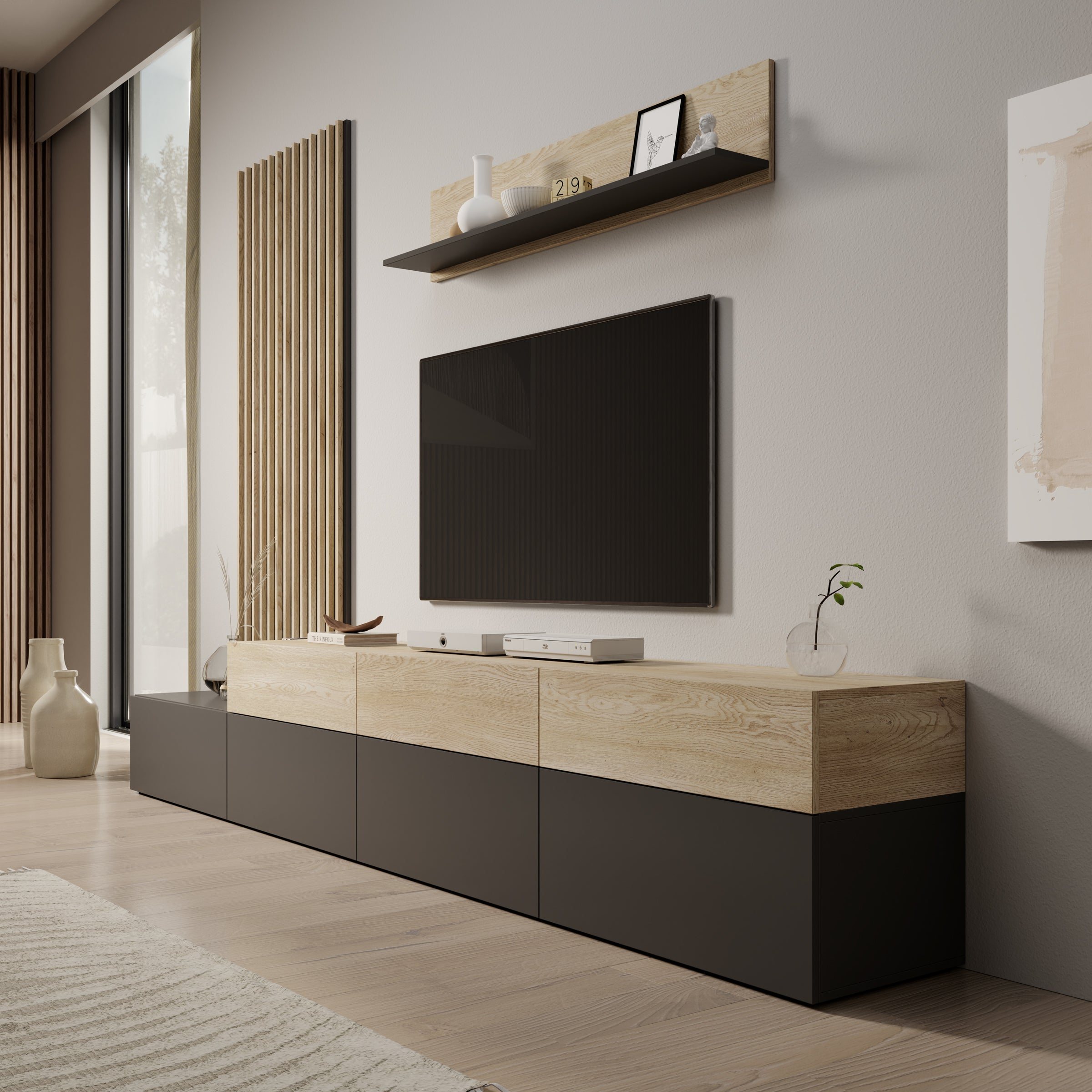 Nobu - Wandmeubel - Grijs/Eikenpatroon - 300x40x209 cm