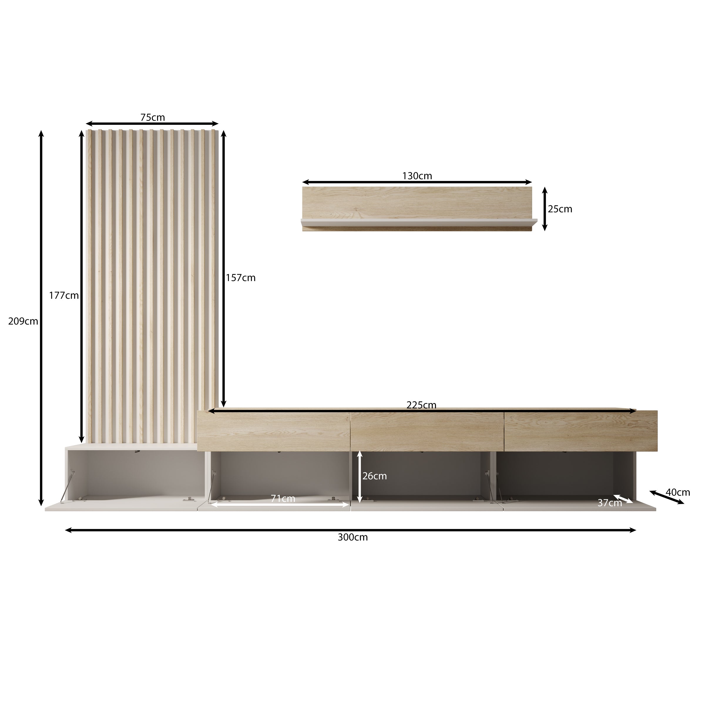 Nobu - Wandmeubel - Wit/Eikenpatroon - 300x40x209 cm
